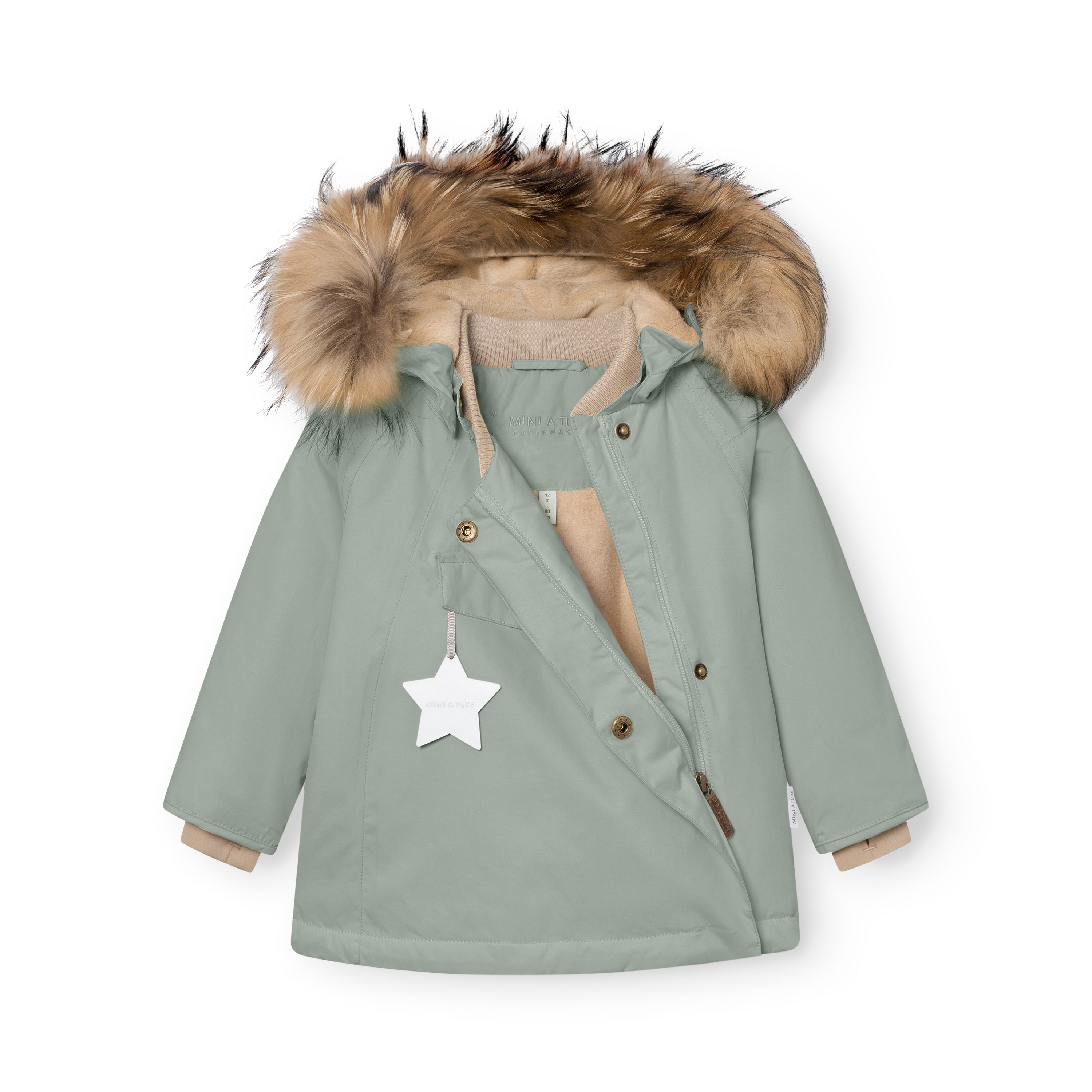 MATWANG fleece lined winter jacket in sage green laid flat showing the detachable real fur hood, hidden slanted front zip with press-stud placket, reflective star detail on the chest pocket, ribbed collar, and beige fleece lining visible at the cuffs and neckline.