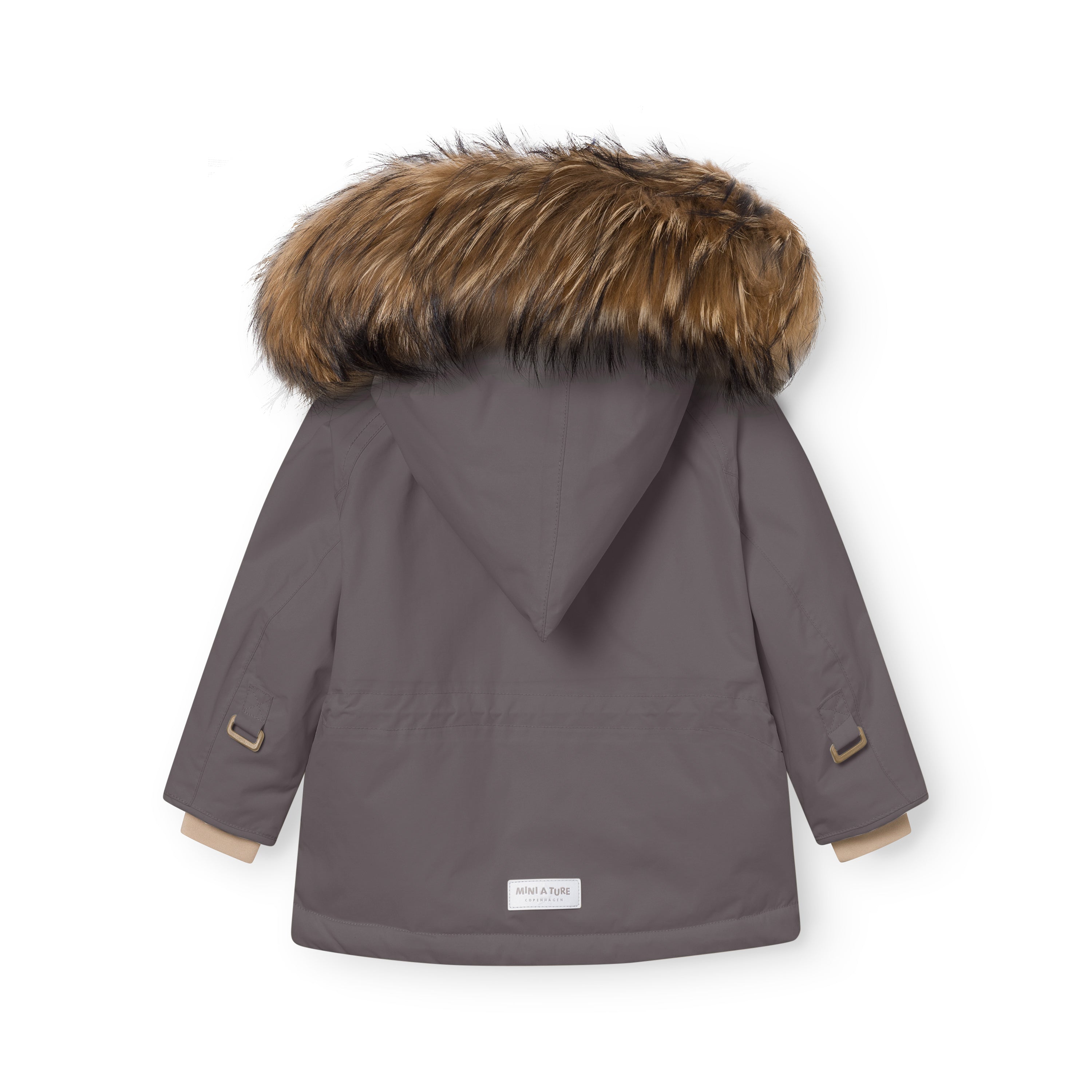 Back view of the MATWANG fleece lined winter jacket in grey showing the detachable real fur hood trim, waterproof recycled nylon shell, improved sleeve fit with snow cuffs, and MINI A TURE label at the hem.