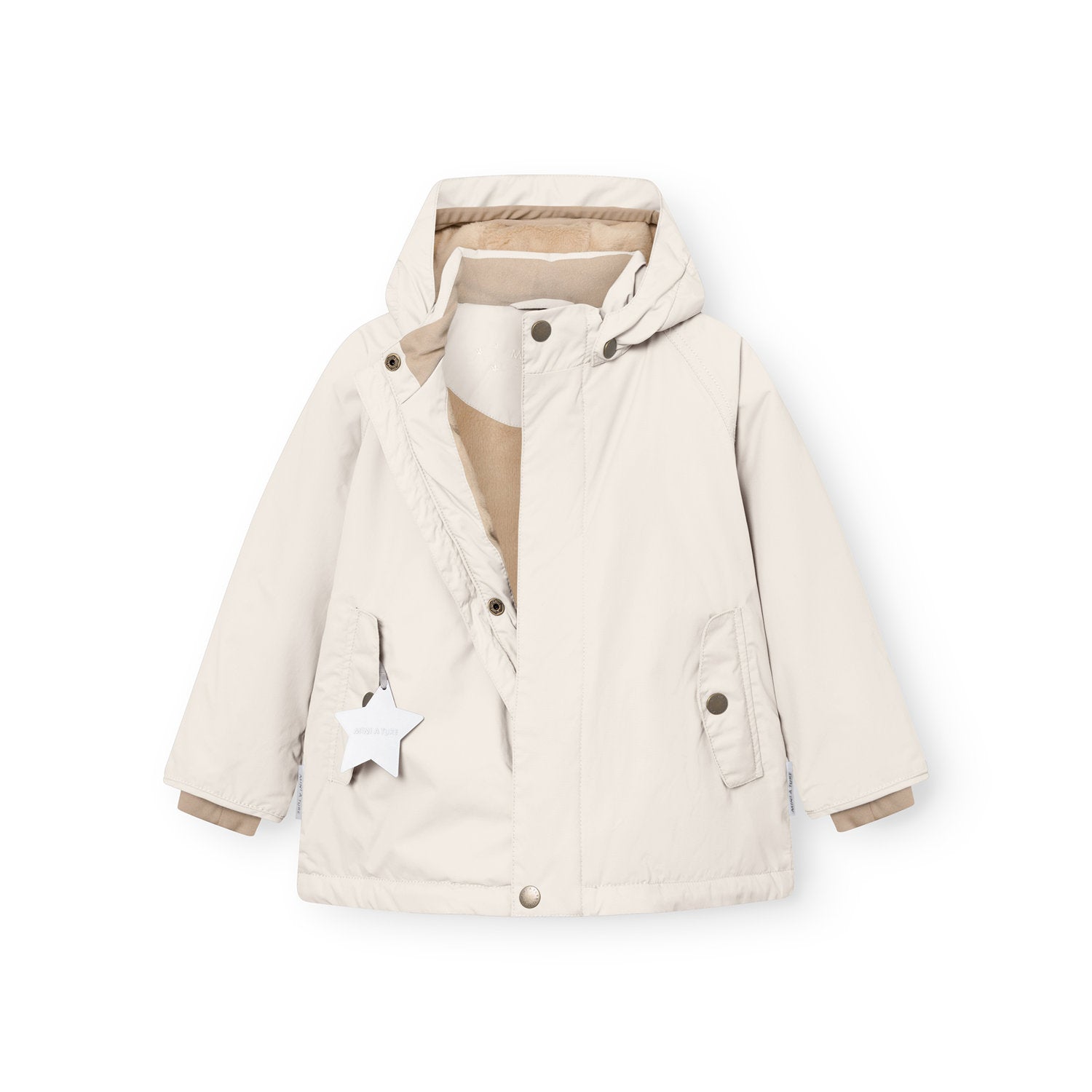MATWALLY fleece lined winter jacket in soft cream, front view with the concealed zip partially open to show the beige fleece lining inside, detachable hood secured by metal snap buttons, angled front pockets with snap closures and a white reflective star hanging from the left pocket.