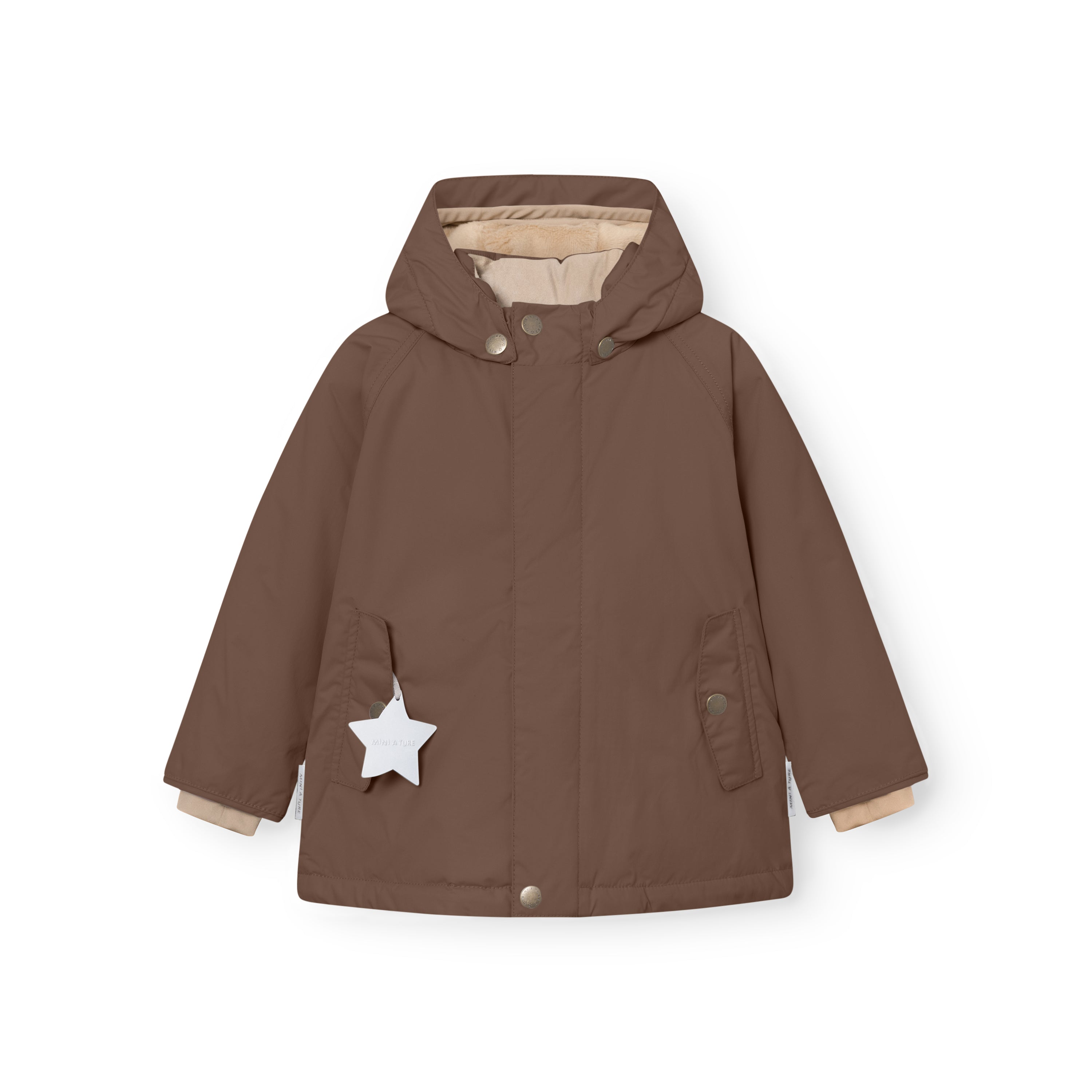 Front view of the MATWALLY fleece lined winter jacket in brown, displaying the detachable hood with snap button fastening, concealed centre-front zip beneath a snap button placket, angled front pockets and white reflective star hanging from the left pocket.
