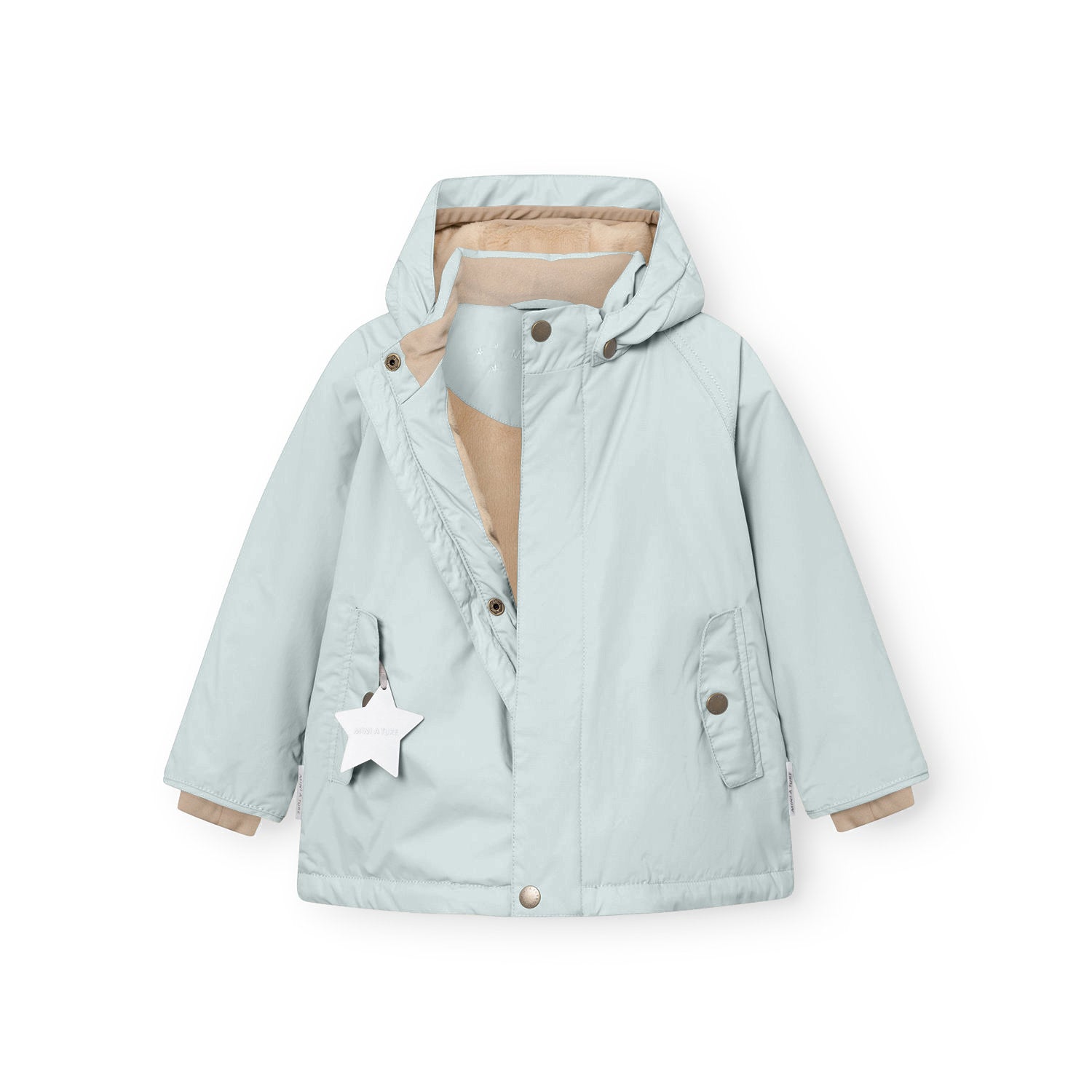 MATWALLY fleece lined winter jacket in pale mint green with the concealed centre-front zip partially open, revealing the beige fleece lining at the collar, detachable hood with metal snap buttons, angled front pockets with snap closures and a white reflective star hanging from the left pocket.