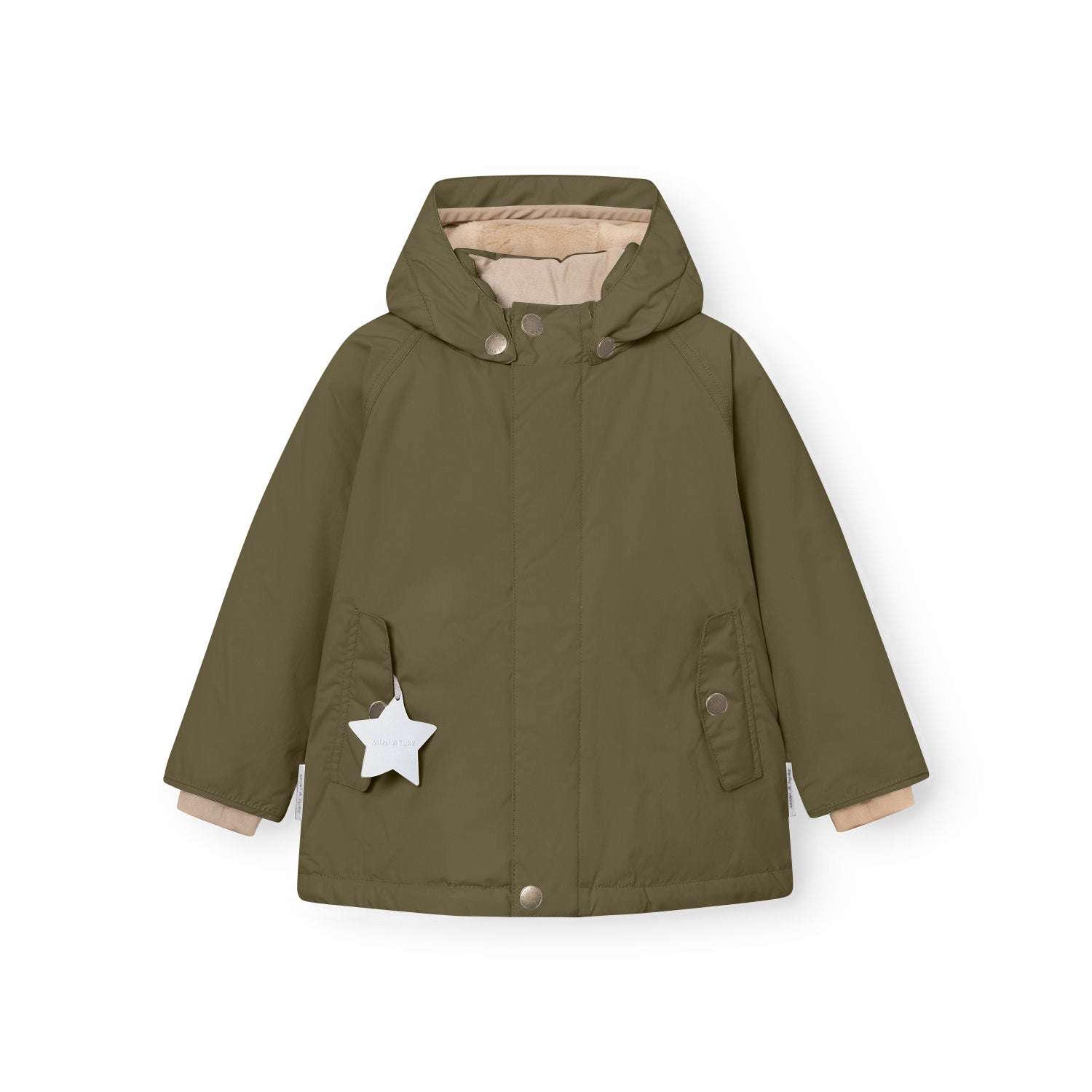 Olive green MATWALLY fleece lined winter jacket laid flat, showing the detachable hood with snap buttons, hidden centre-front zip, front pockets and reflective star detail.