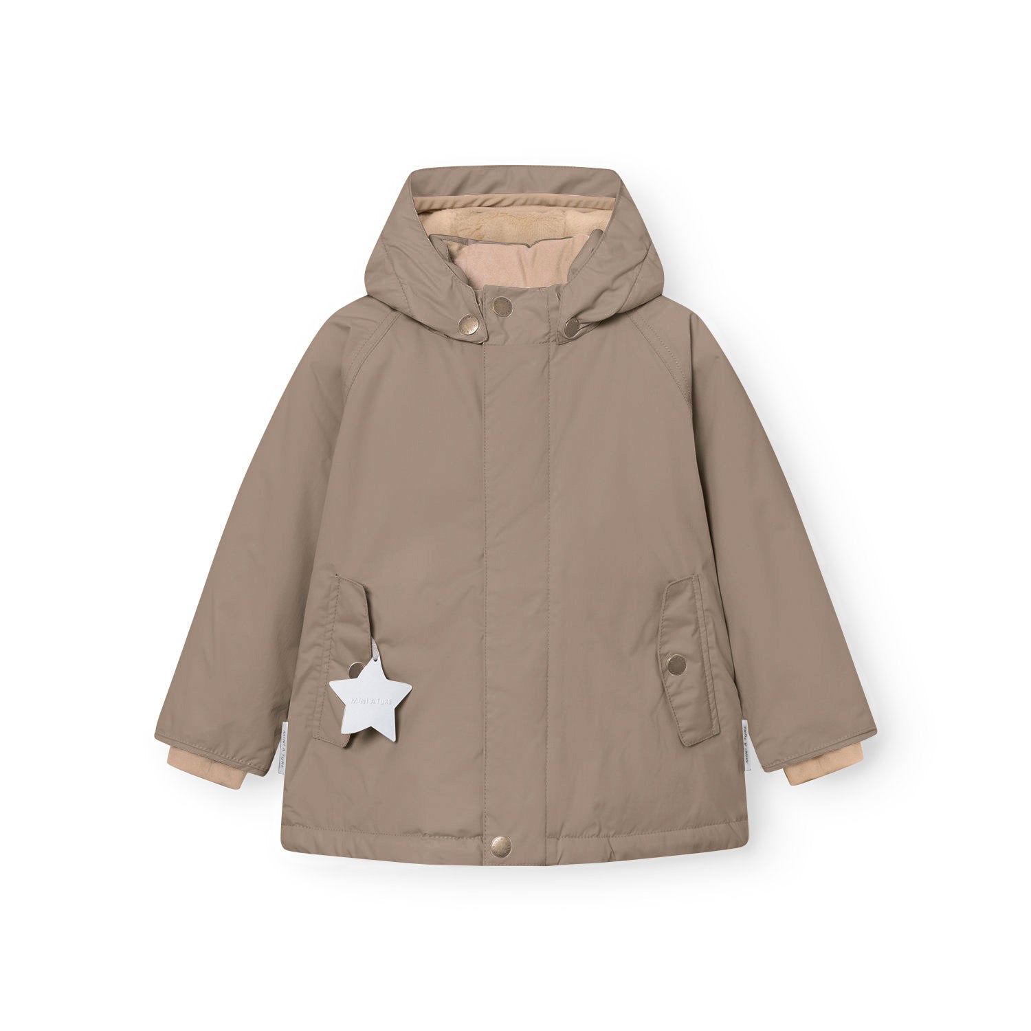 Front view of the MATWALLY fleece lined winter jacket in taupe, showing the detachable hood with snap button fastening, hidden centre-front zip with snap button placket, angled front pockets and white reflective star hanging from the left pocket.