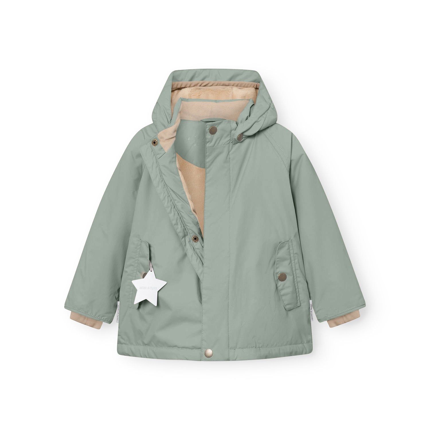 Front view of the MATWALLY fleece lined winter jacket in sage green with the hidden centre-front zip partially open, exposing the beige fleece lining inside the collar and placket, detachable hood with snap button fastening, angled front pocket with snap closure and white reflective star hanging from the left pocket.