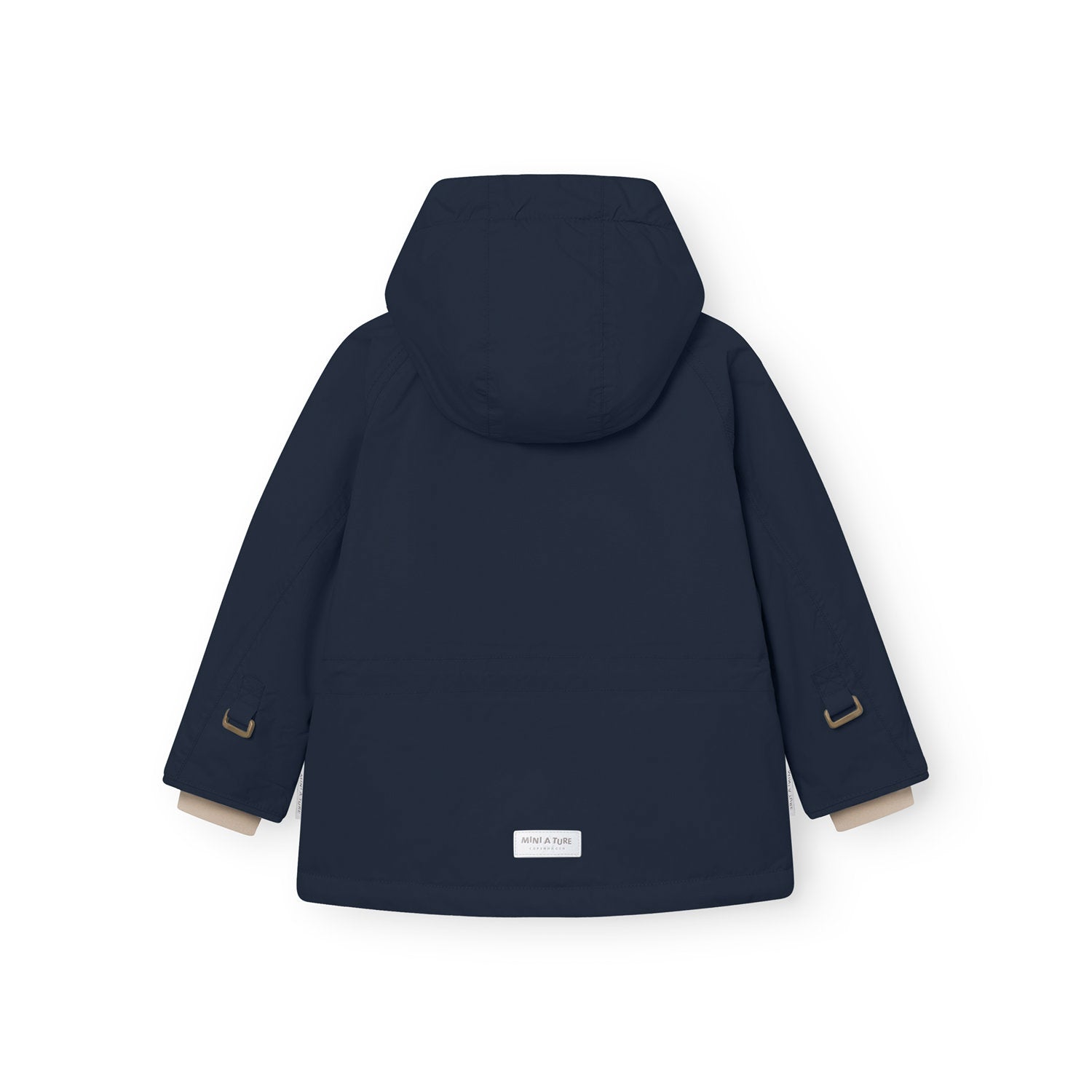 Rear view of the MATWALLY fleece lined winter jacket in navy blue, showing the detachable hood, metal D-rings with fabric tabs at both wrists for snow cuff adjustment, beige fleece lining visible at the cuffs, and the white MINI A TURE woven label at the centre back hem.