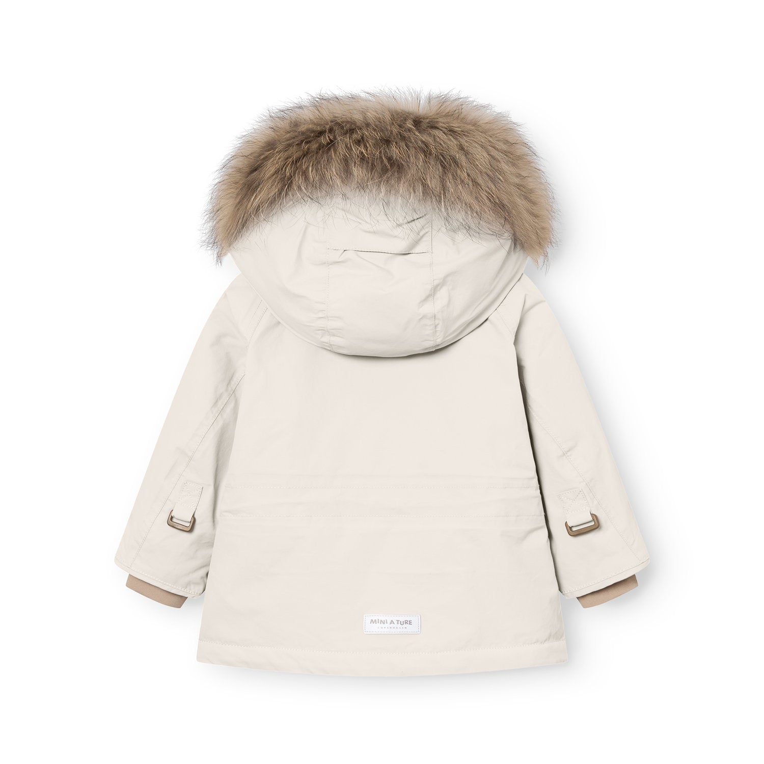 Rear view of the MATWALLY fleece lined winter jacket in soft beige, displaying the detachable real fur hood trim, MINI A TURE branding label at the hem, and the jacket's shaped sleeves with improved fitting for natural arm movement.