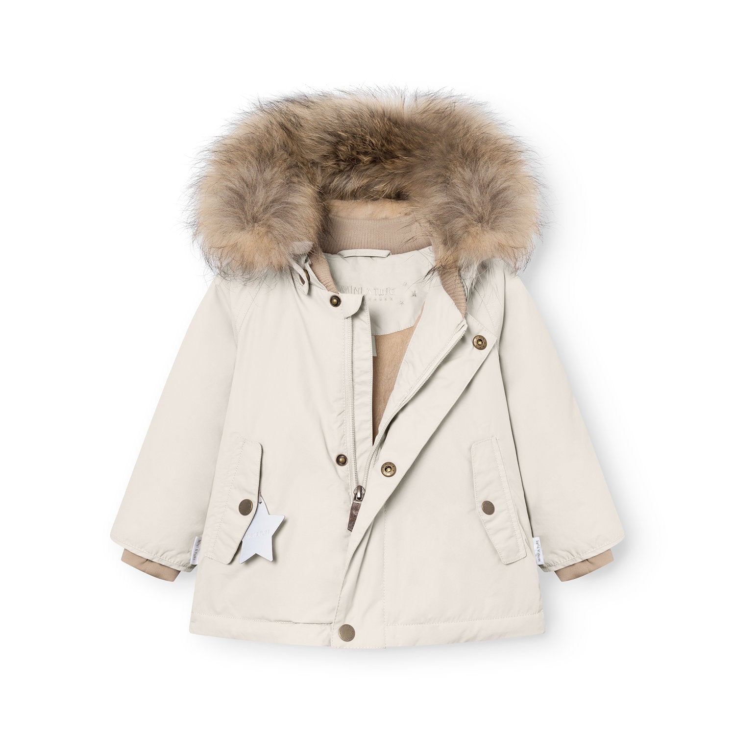 MATWALLY fleece lined winter jacket in soft beige with a detachable real fur hood trim, displayed flat to show the hidden centre-front zip, press-stud closure system, angled front pockets with white reflective star detail, and the soft rib collar construction for the smallest sizes.
