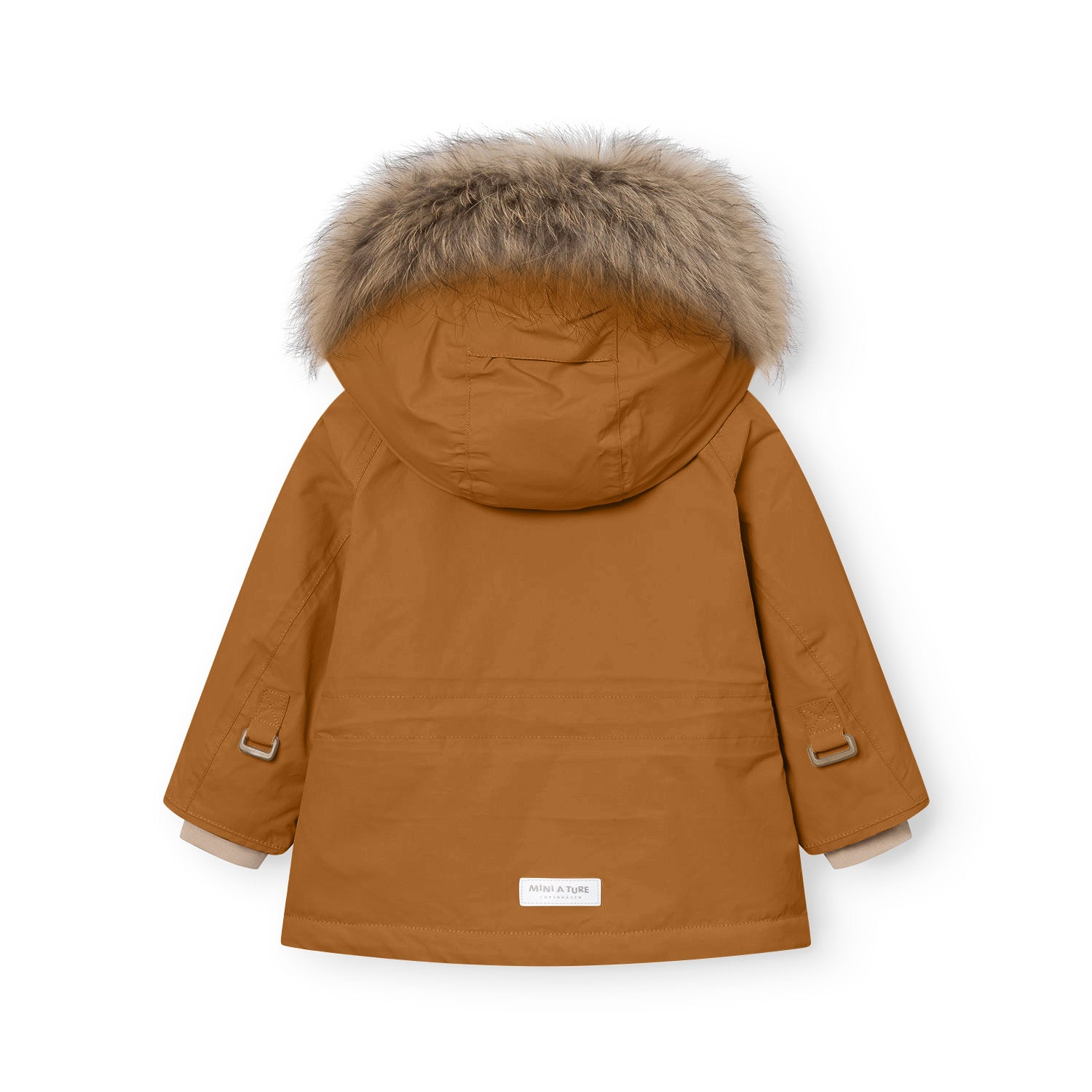 Rear view of the MATWALLY fleece lined winter jacket in warm caramel brown, displaying the detachable real fur hood trim, shaped sleeves with improved fitting, branded MINI A TURE label at the hem, and beige fleece lining visible at the cuffs.
