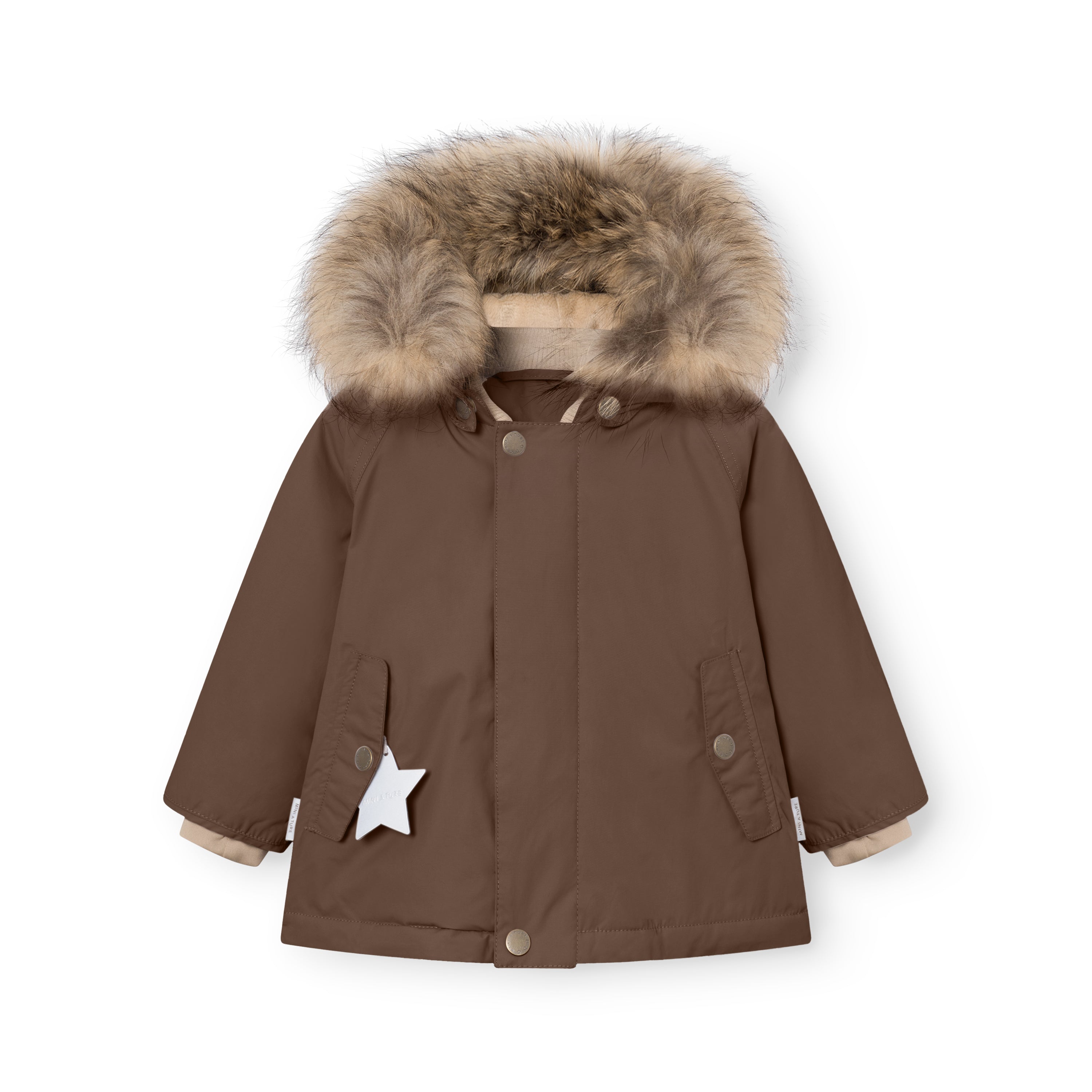 MATWALLY fleece lined winter jacket in warm brown with a detachable real fur hood trim, press-stud front closure, angled front pockets with flap closures, and a white reflective star charm hanging from the left pocket, displayed flat to show the beige fleece lining visible at the cuffs.
