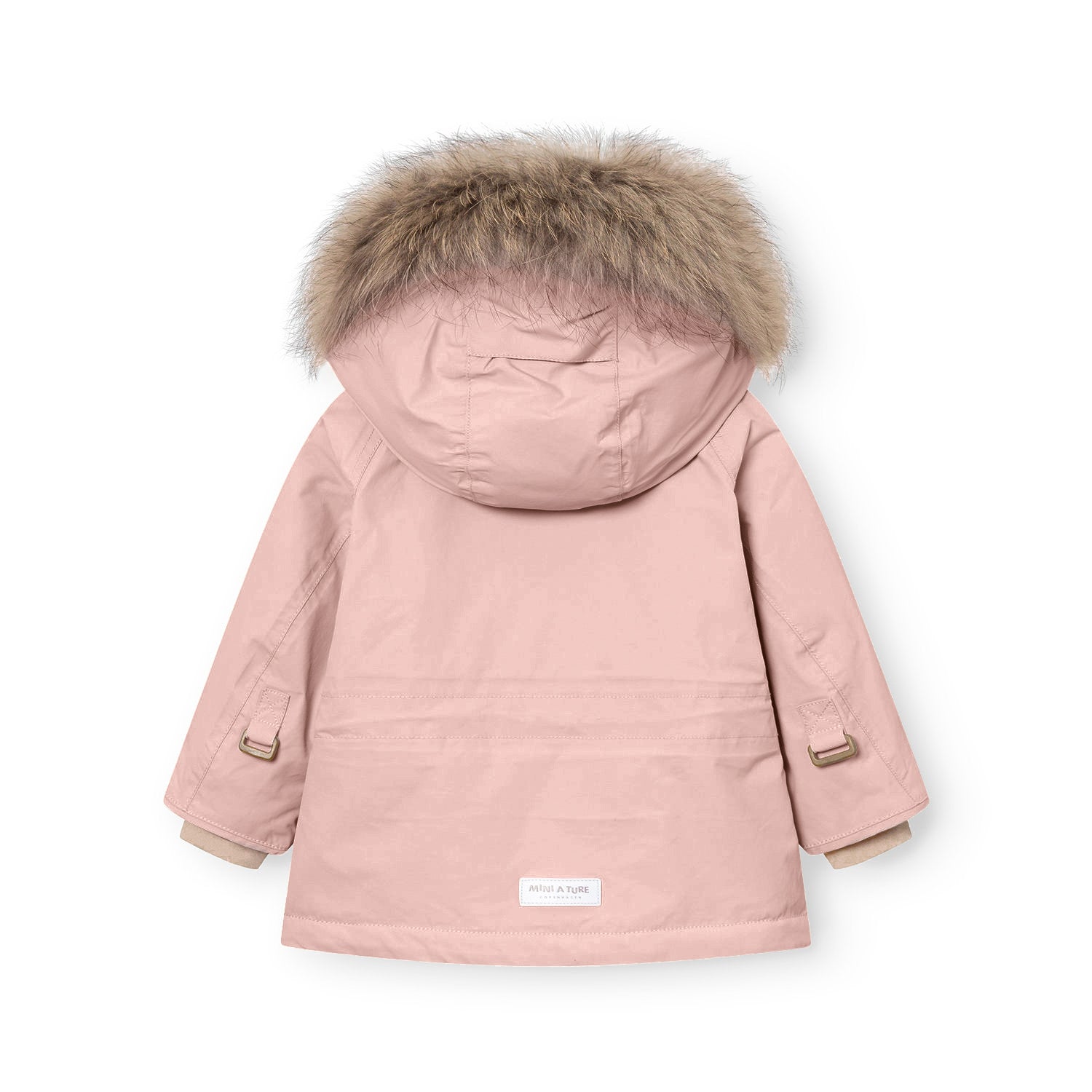 Rear view of the MATWALLY fleece lined winter jacket in dusty pink, showing the detachable real fur hood trim, shaped sleeves with improved fitting for natural arm movement, branded MINI A TURE label at the hem, and beige fleece lining visible at the cuffs.