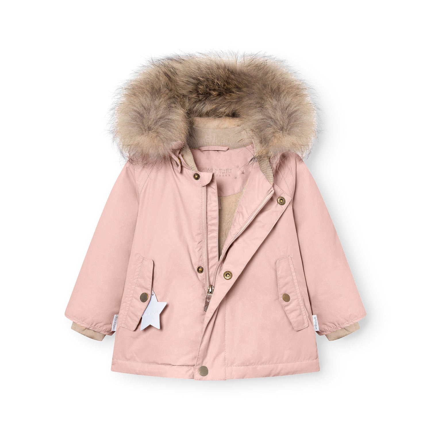 MATWALLY fleece lined winter jacket in dusty pink with a detachable real fur hood trim, shown with the hidden centre-front zip partially open to reveal the soft beige fleece lining, press-stud closure system, angled front pockets, and a white reflective star charm hanging from the left pocket.
