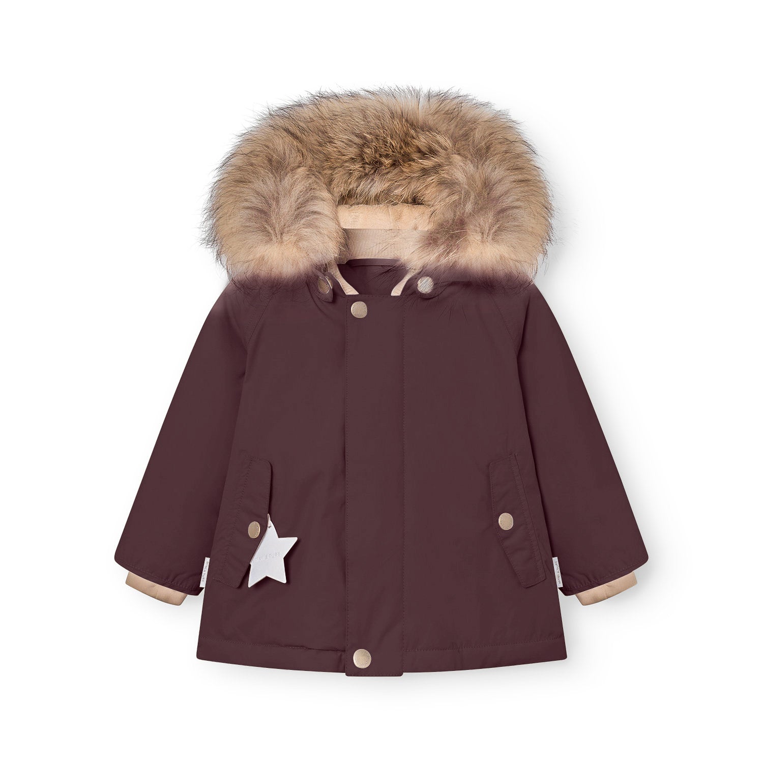 MATWALLY fleece lined winter jacket in deep burgundy with a detachable real fur hood trim, showing the hidden centre-front zip closure, front pockets and reflective star detail.