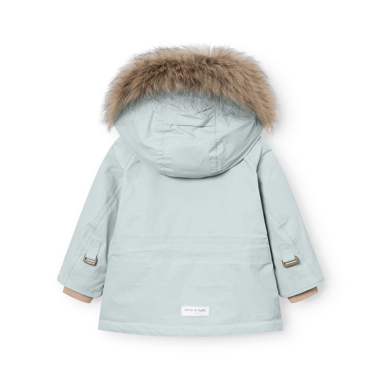Rear view of the MATWALLY fleece lined winter jacket in soft pale blue, showing the detachable real fur hood trim in natural tones, shaped sleeves with improved fitting for natural movement, branded MINI A TURE label at the hem, and beige fleece lining visible at the cuffs.