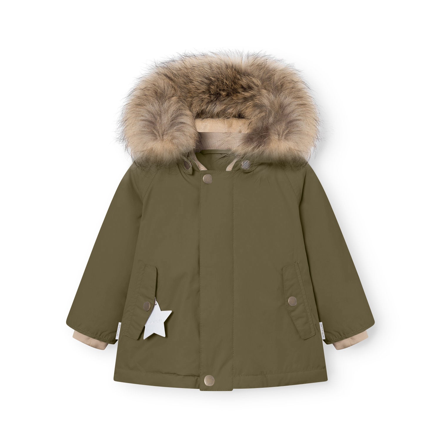 MATWALLY fleece lined winter jacket in olive green with a detachable real fur hood trim in natural tones, press-stud front closure, angled front pockets, a white reflective star charm hanging from the left pocket, and beige fleece lining visible at the cuffs, displayed flat against a white background.
