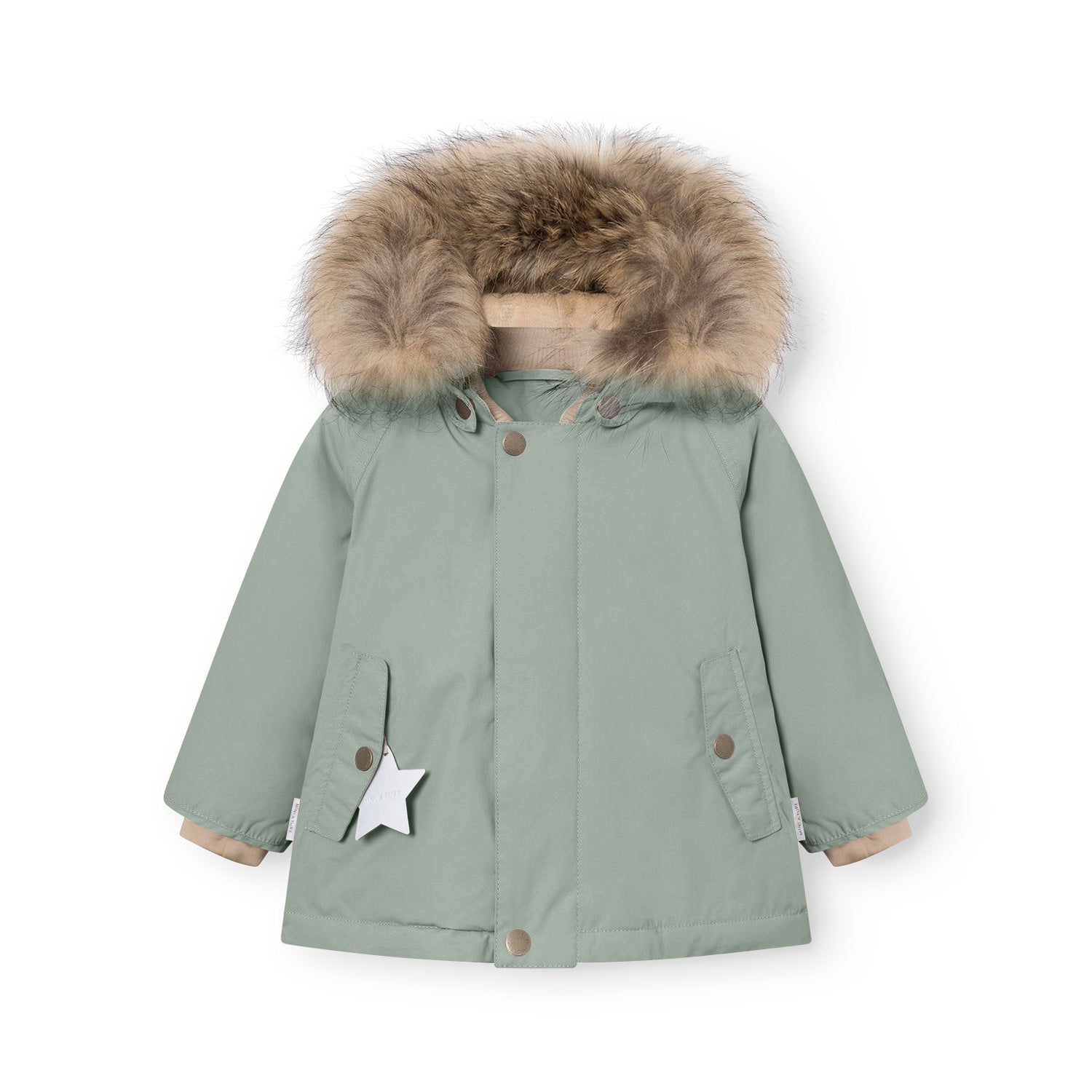 MATWALLY fleece lined winter jacket in muted sage green with a detachable real fur hood trim in natural tones, press-stud front closure, angled front pockets, and a white reflective star charm hanging from the left pocket, displayed flat to show the beige fleece lining visible at the cuffs.