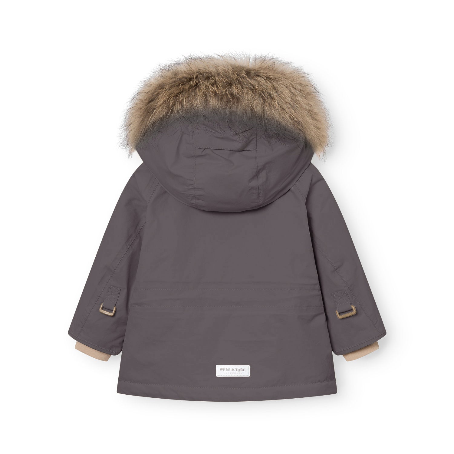 Rear view of the MATWALLY fleece lined winter jacket in charcoal grey, showing the detachable real fur hood trim, shaped sleeves with improved fitting, branded MINI A TURE label at the hem, and beige fleece lining visible at the cuffs.