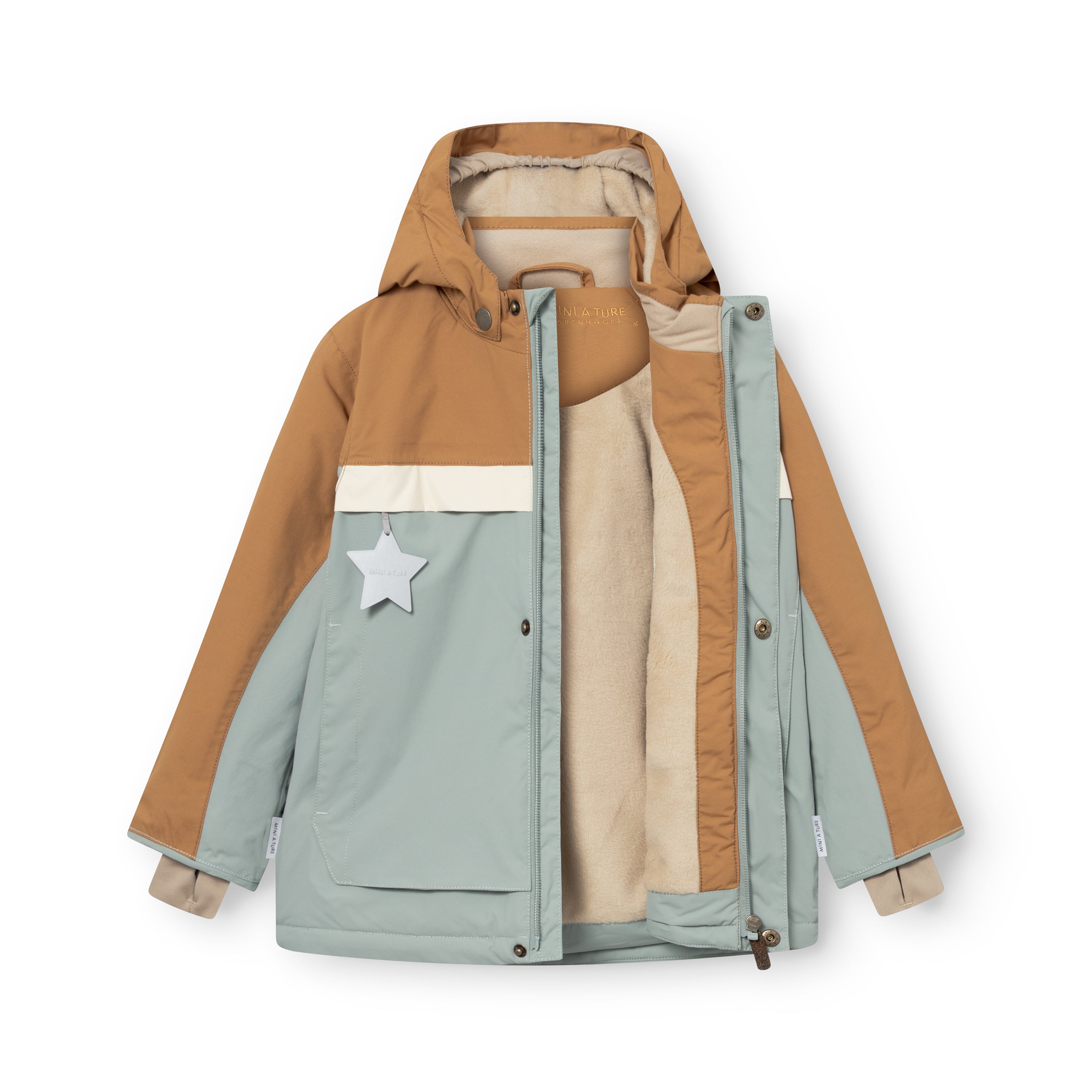 MATWALDO fleece lined winter jacket shown fully open to reveal the soft fleece lining, THERMOLITE insulation, adjustable internal waist, snow cuffs with thumb openings at the cuffs and the hidden centre-front zip running through the colourblock design.
