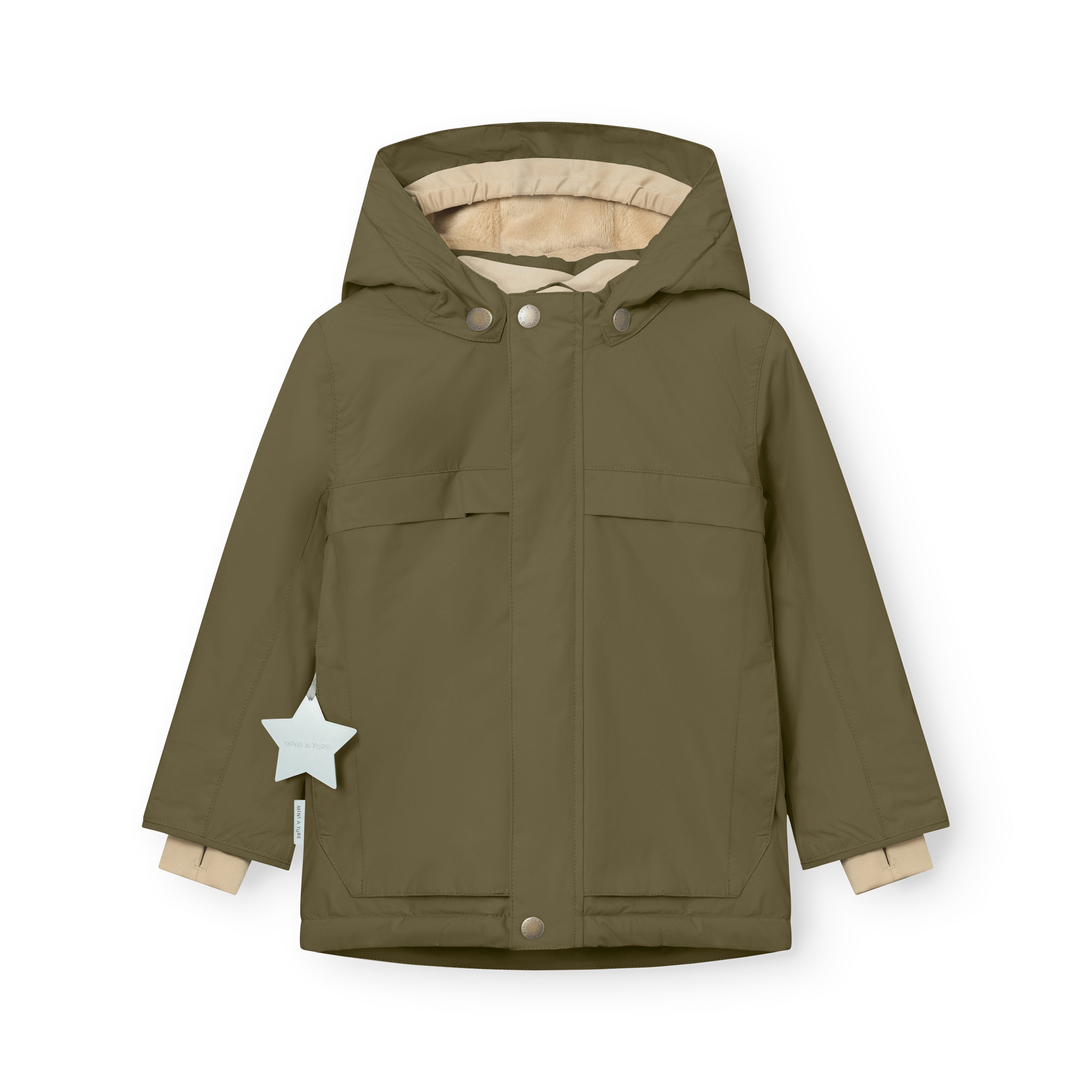 MATWALDO fleece lined winter jacket in olive green displayed flat with the detachable hood fastened, two front flap pockets with snap closures, beige fleece lining visible at the collar and cuffs, and a white star-shaped reflective detail attached to the left sleeve.
