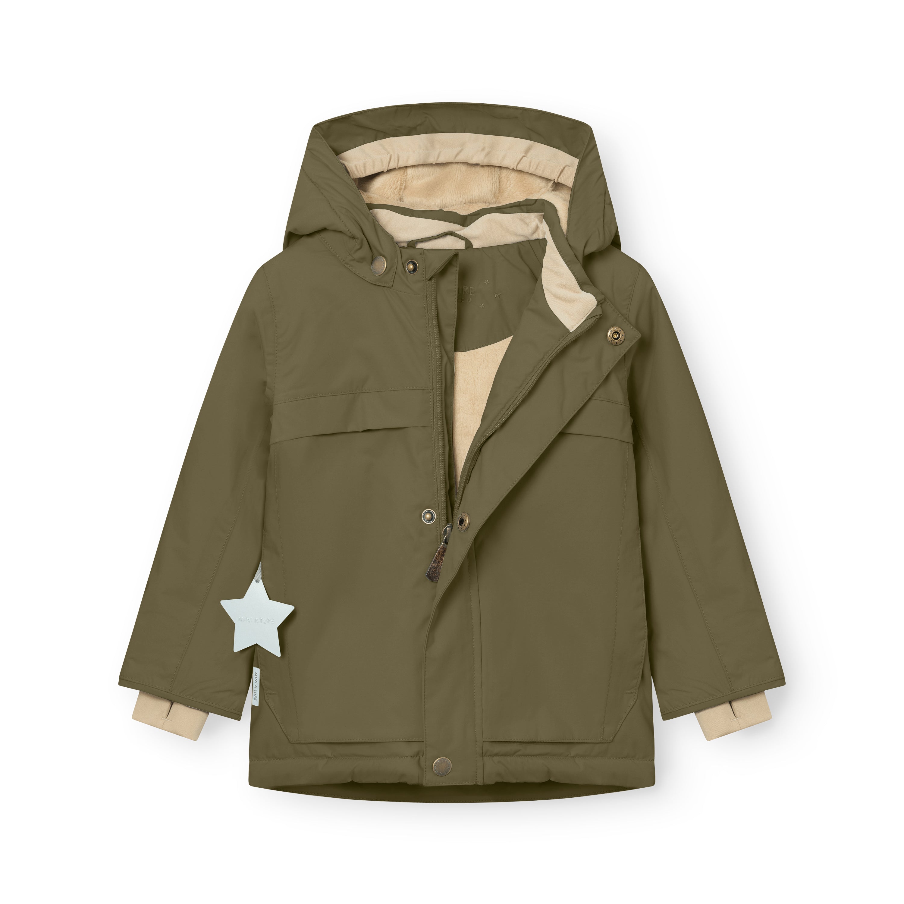 MATWALDO fleece lined winter jacket in olive green held open to show the beige fleece lining, internal adjustable waist and the hidden centre-front zip partially unfastened.