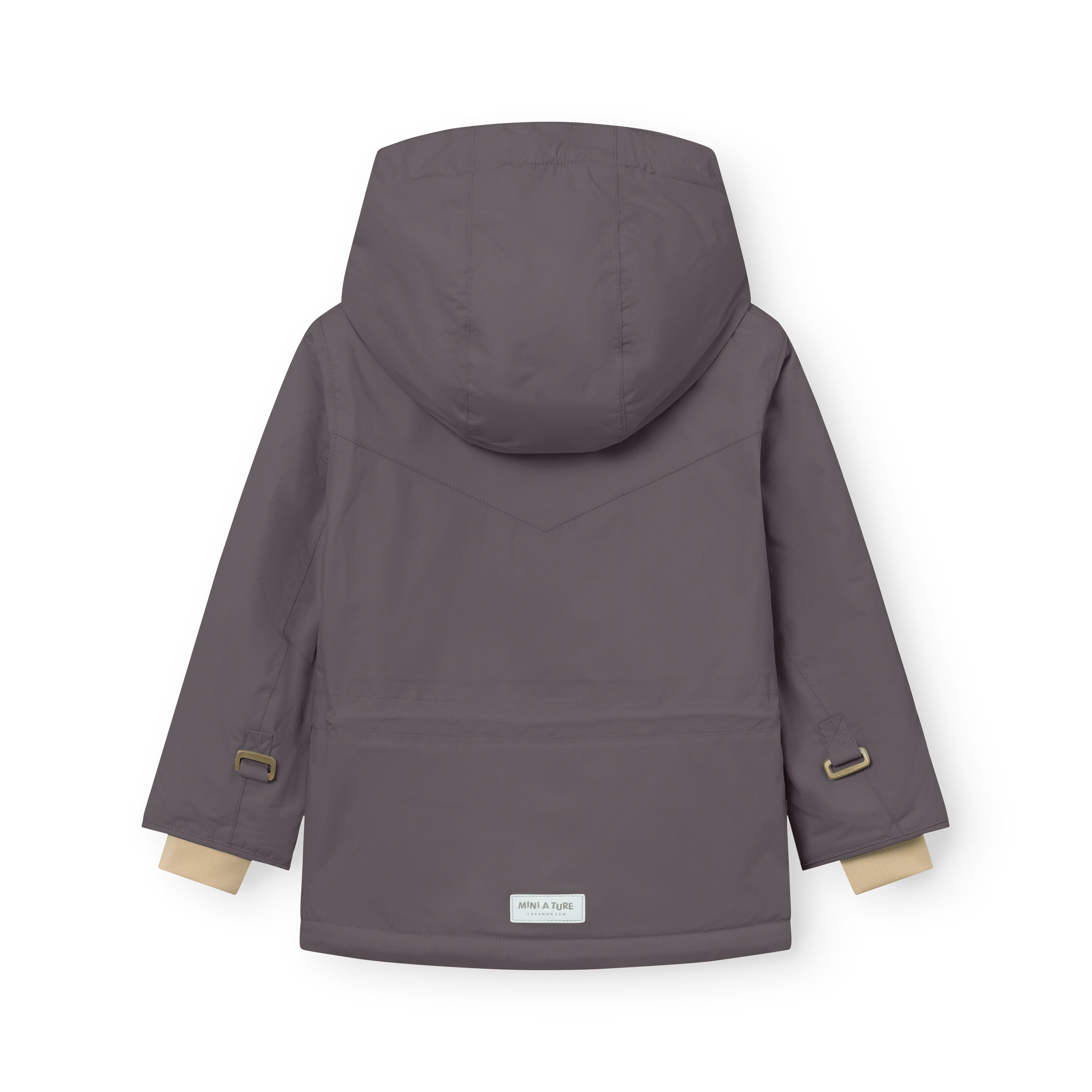 MATWALDO fleece lined winter jacket in charcoal grey displayed fully open to show the beige fleece lining, THERMOLITE insulation, adjustable internal waist and snow cuffs with thumb openings, with the detachable hood fastened and metal D-ring details on both sleeves.
