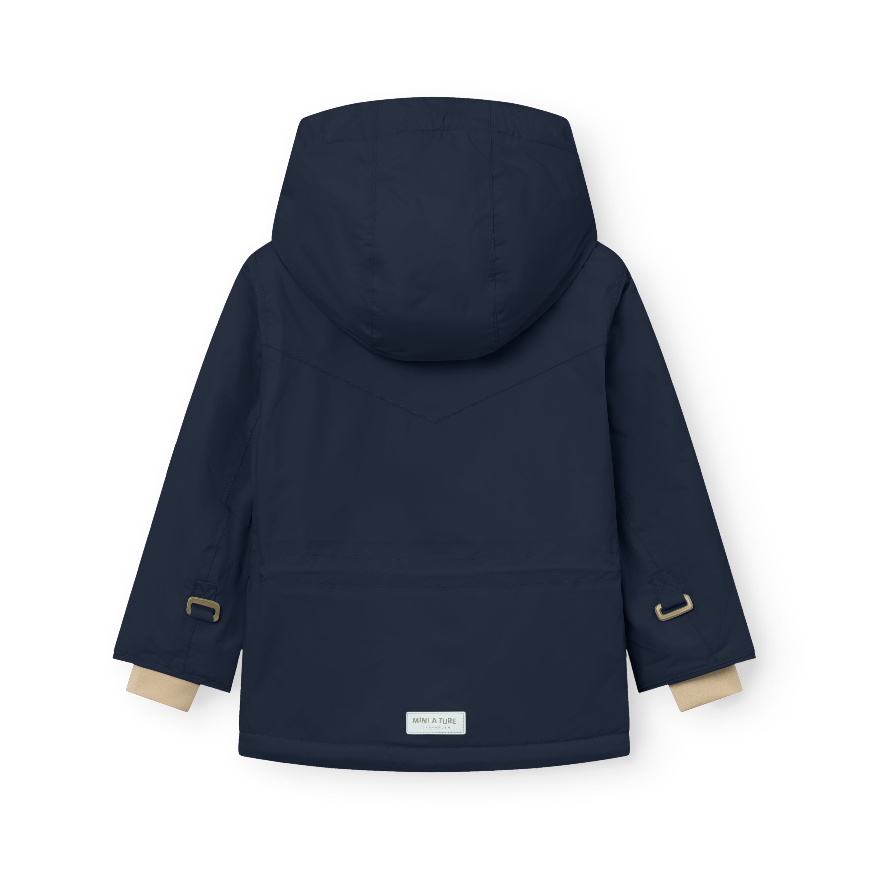 MATWALDO fleece lined winter jacket in navy blue shown from the back with the detachable hood fastened, beige fleece lining visible at the cuffs, metal D-ring details on both sleeves and a white MINI A TURE label at the hem.