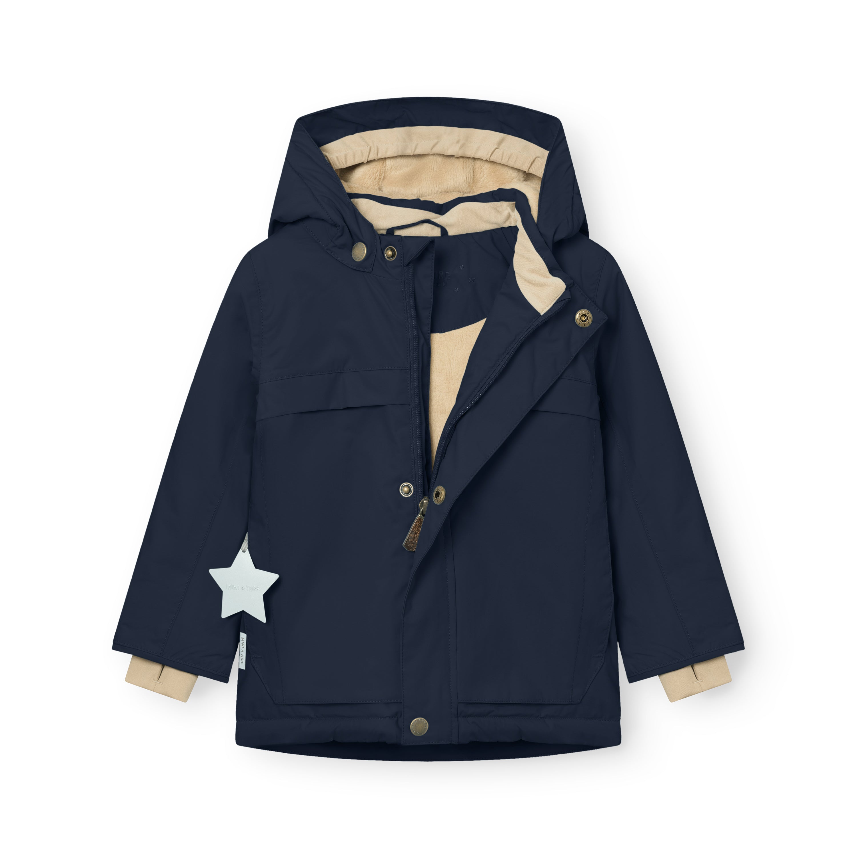 MATWALDO fleece lined winter jacket in navy blue displayed with the hidden centre-front zip partially open, detachable hood fastened with snap buttons, beige fleece lining visible at the collar and cuffs, two front pockets with flap closures and a white star-shaped reflective detail attached to the left cuff.