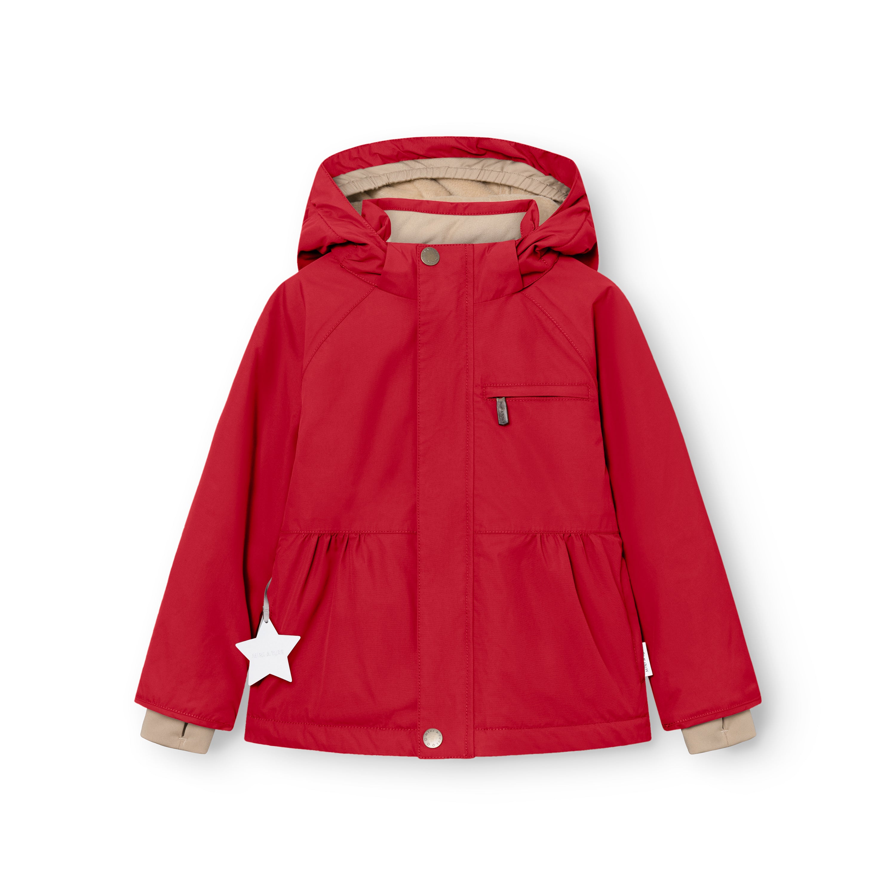 MATBRIDDINE winter jacket in red with detachable hood, gathered waist detail and reflective star pocket, shown flat against a white background with beige inner lining visible at hood and cuffs.