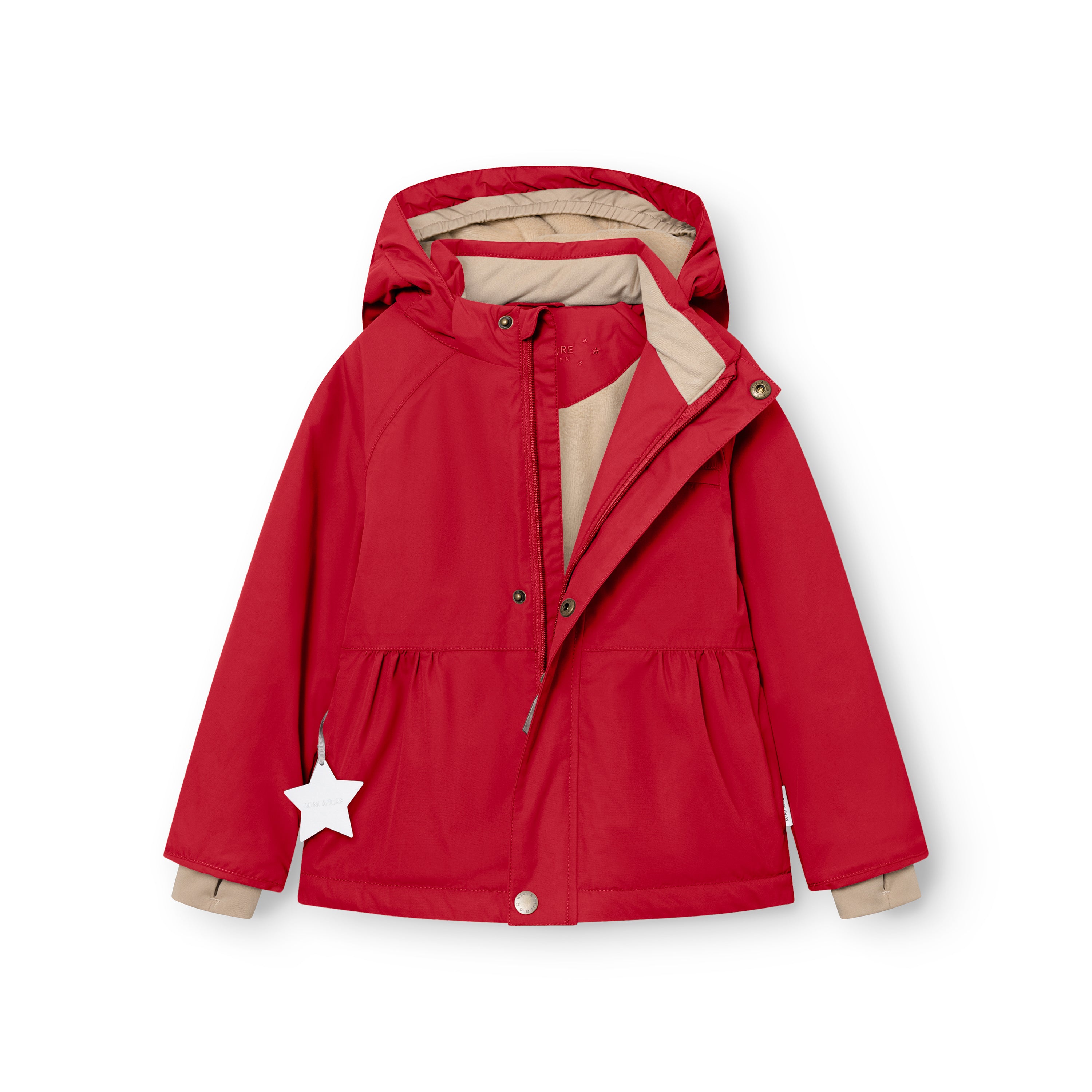 MATBRIDDINE winter jacket in red displayed open to reveal beige inner lining, detachable hood with snap buttons, gathered waist detail and white reflective star on the left pocket.