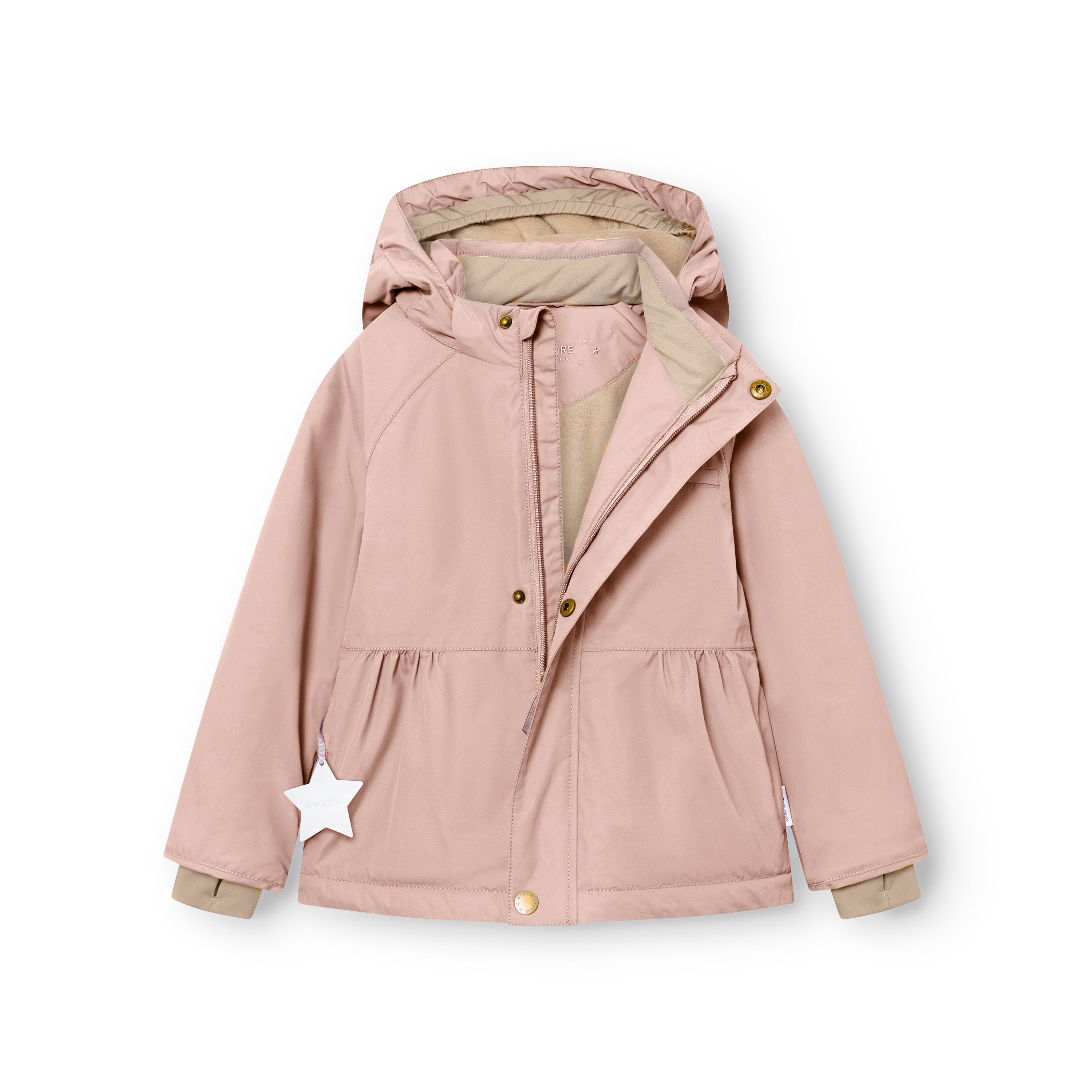 MATBRIDDINE winter jacket in dusty pink shown open to display the beige inner lining, detachable hood with snap-button fastening, gathered waist detail and white reflective star on the right pocket.