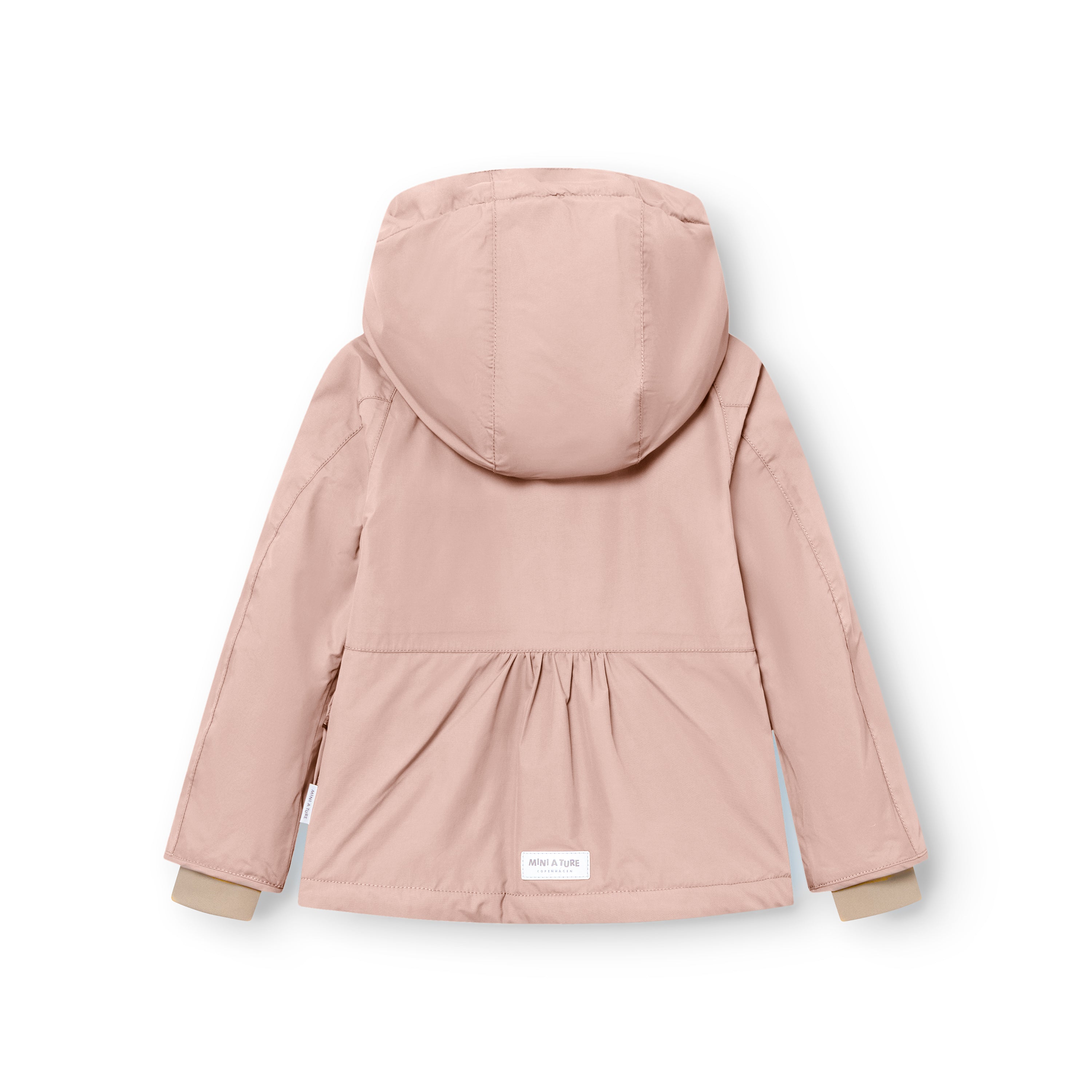 MATBRIDDINE winter jacket in dusty pink viewed from the back, showing the detachable hood, gathered waist detail, improved sleeve fitting with beige cuff lining and MINI A TURE label at the hem.