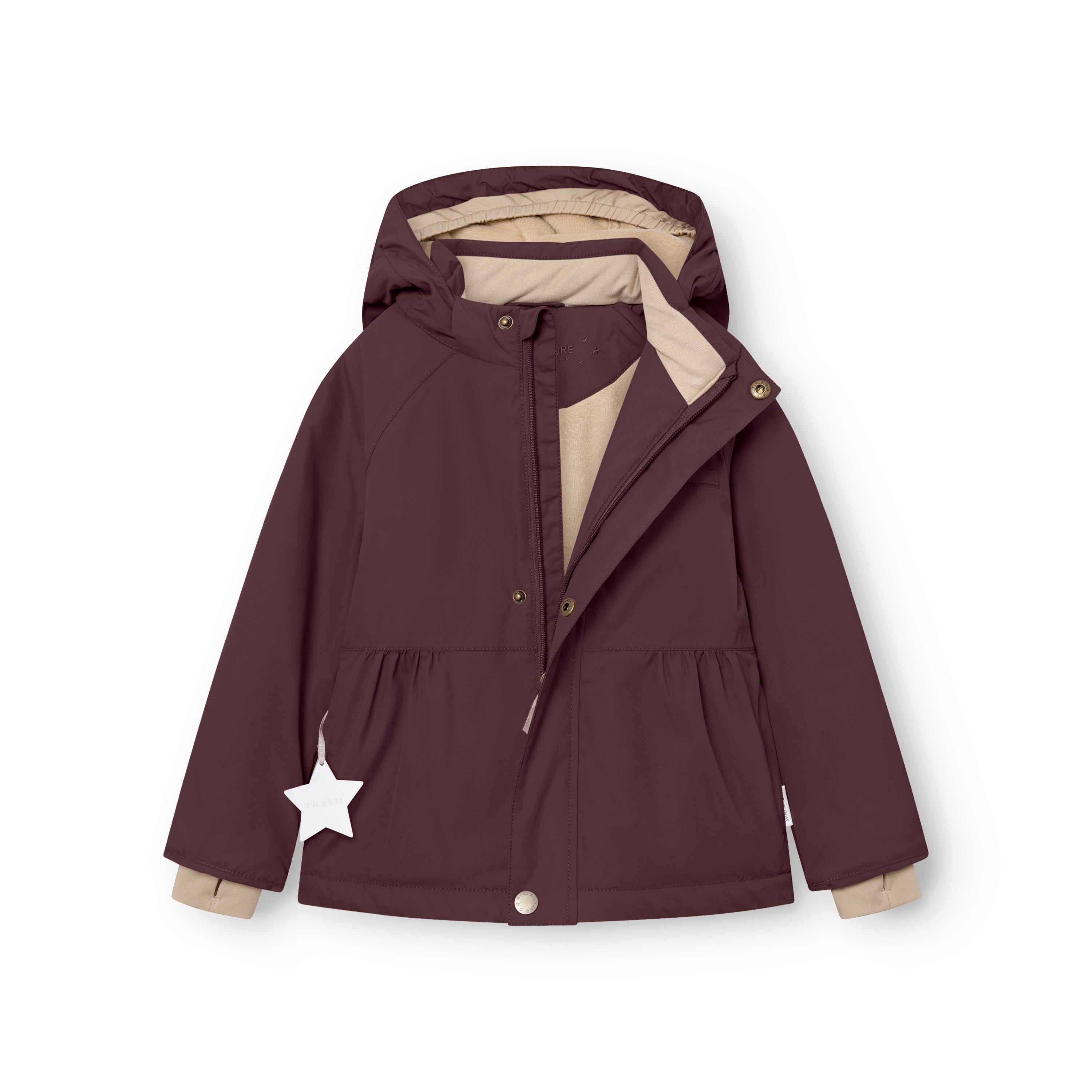 MATBRIDDINE winter jacket in burgundy shown fully open to reveal the beige inner lining, detachable hood with snap buttons, gathered waist detail, snow cuffs with thumb openings and white reflective star on the left pocket.