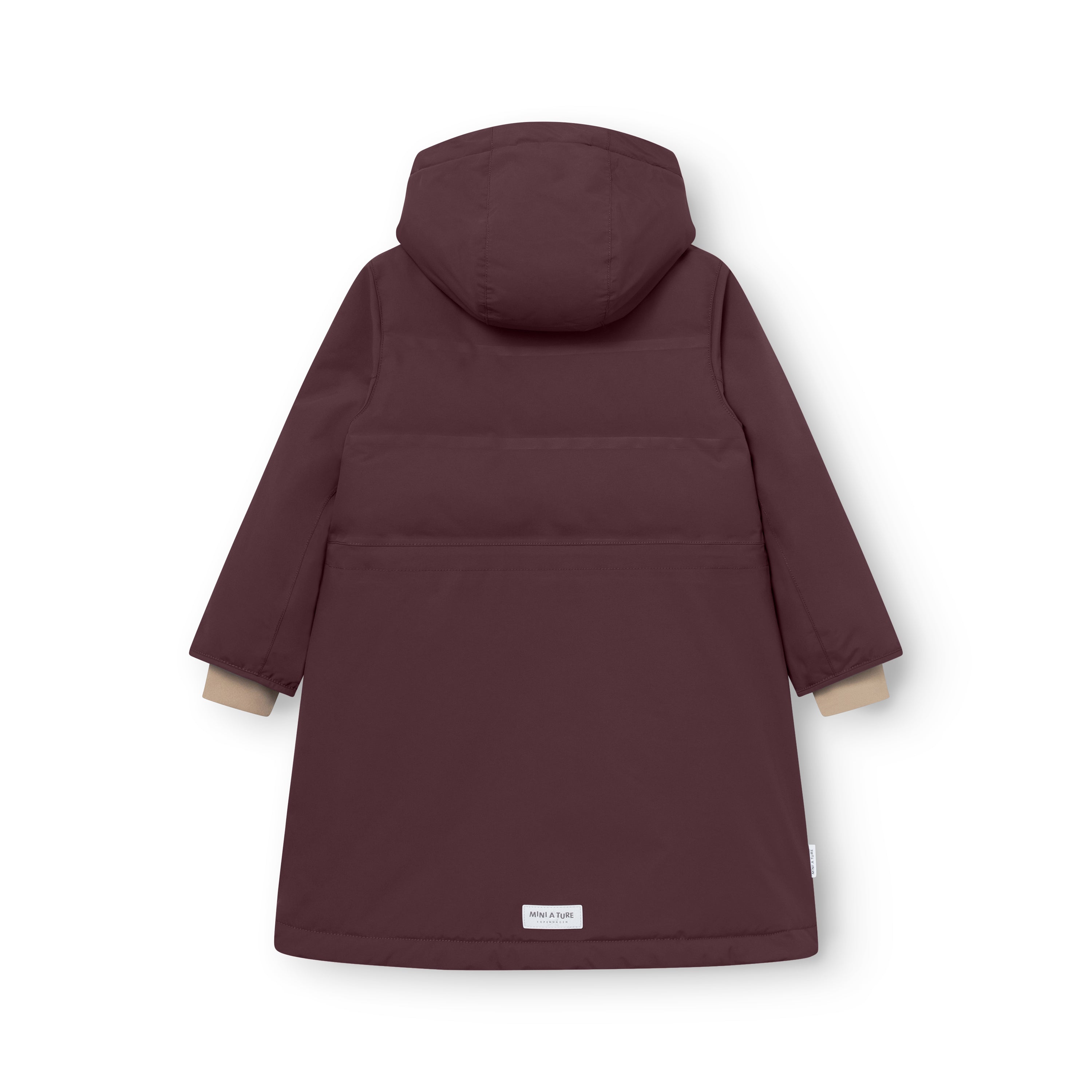 MATVENCASIA fleece lined winter jacket shown from the back, highlighting the extended length, detachable hood with snap buttons, and improved sleeve fitting designed for active movement.