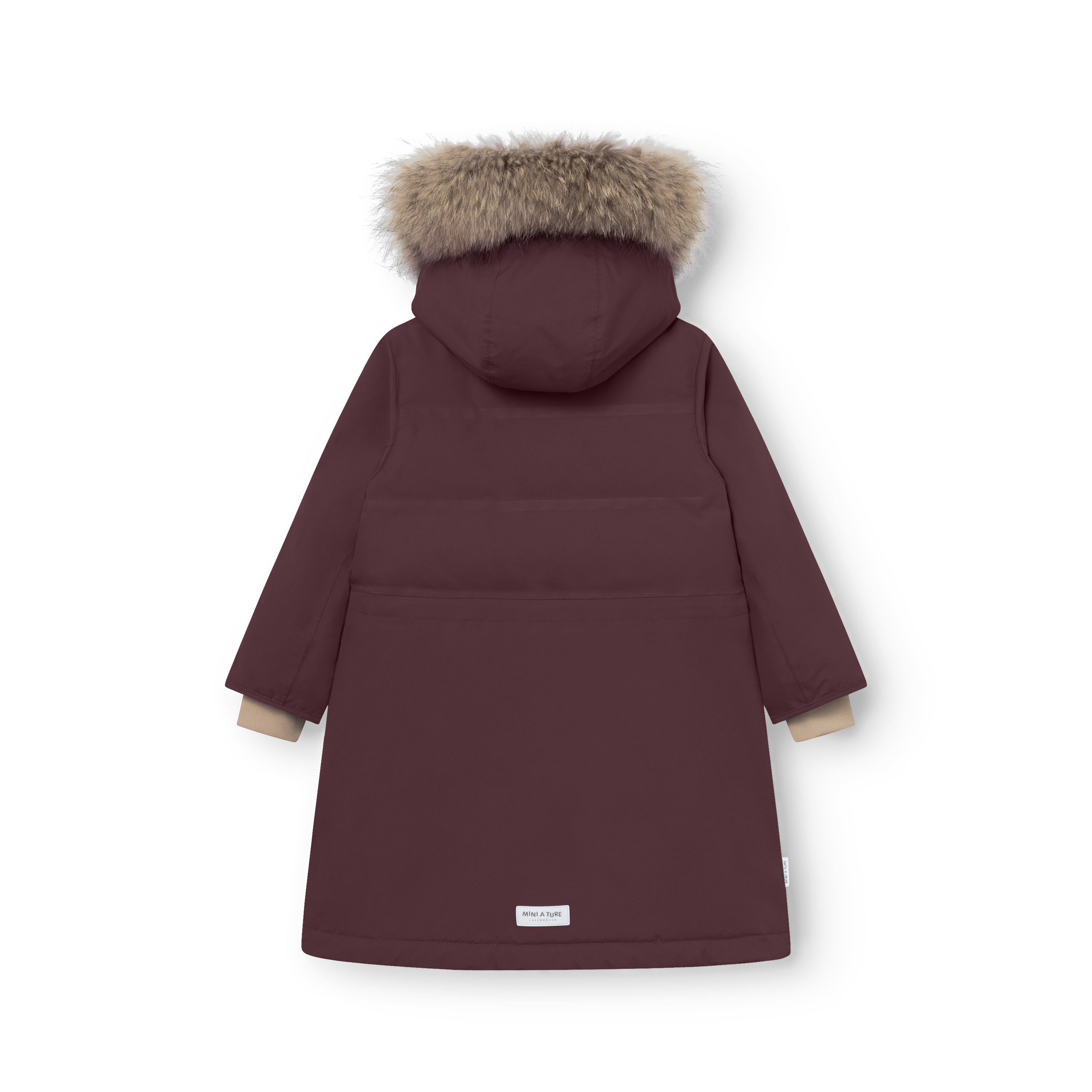 MATVENCASIA winter jacket in deep burgundy shown from the back, revealing the mid-thigh length, smooth recycled polyamide outer shell, horizontal quilting across the Sorona Aura padded upper body, and the detachable hood with genuine fur trim.