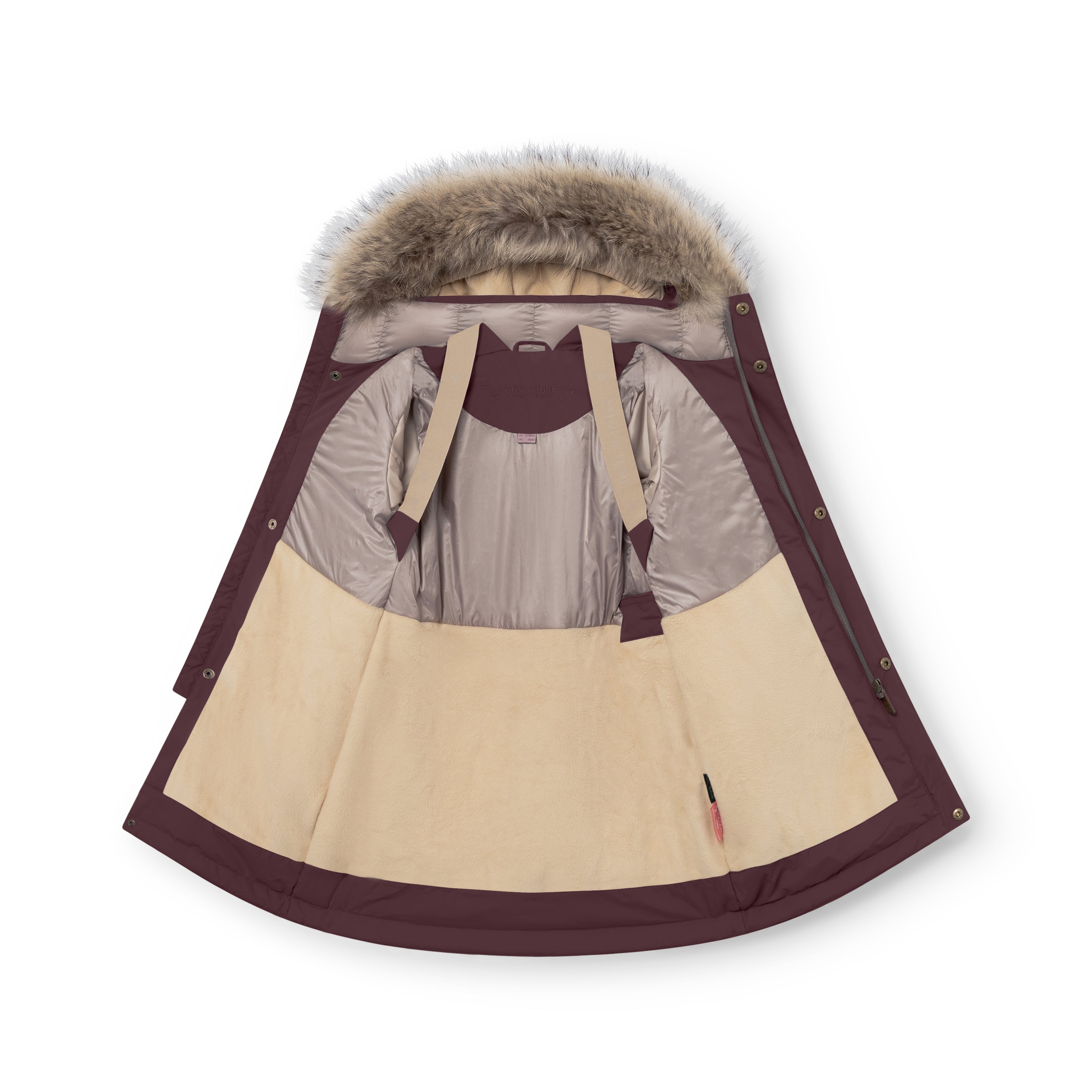 MATVENCASIA winter jacket in deep burgundy shown open to reveal the grey Sorona Aura padded upper body, cream fleece-lined lower section, beige internal suspenders, and the detachable hood with genuine fur trim.