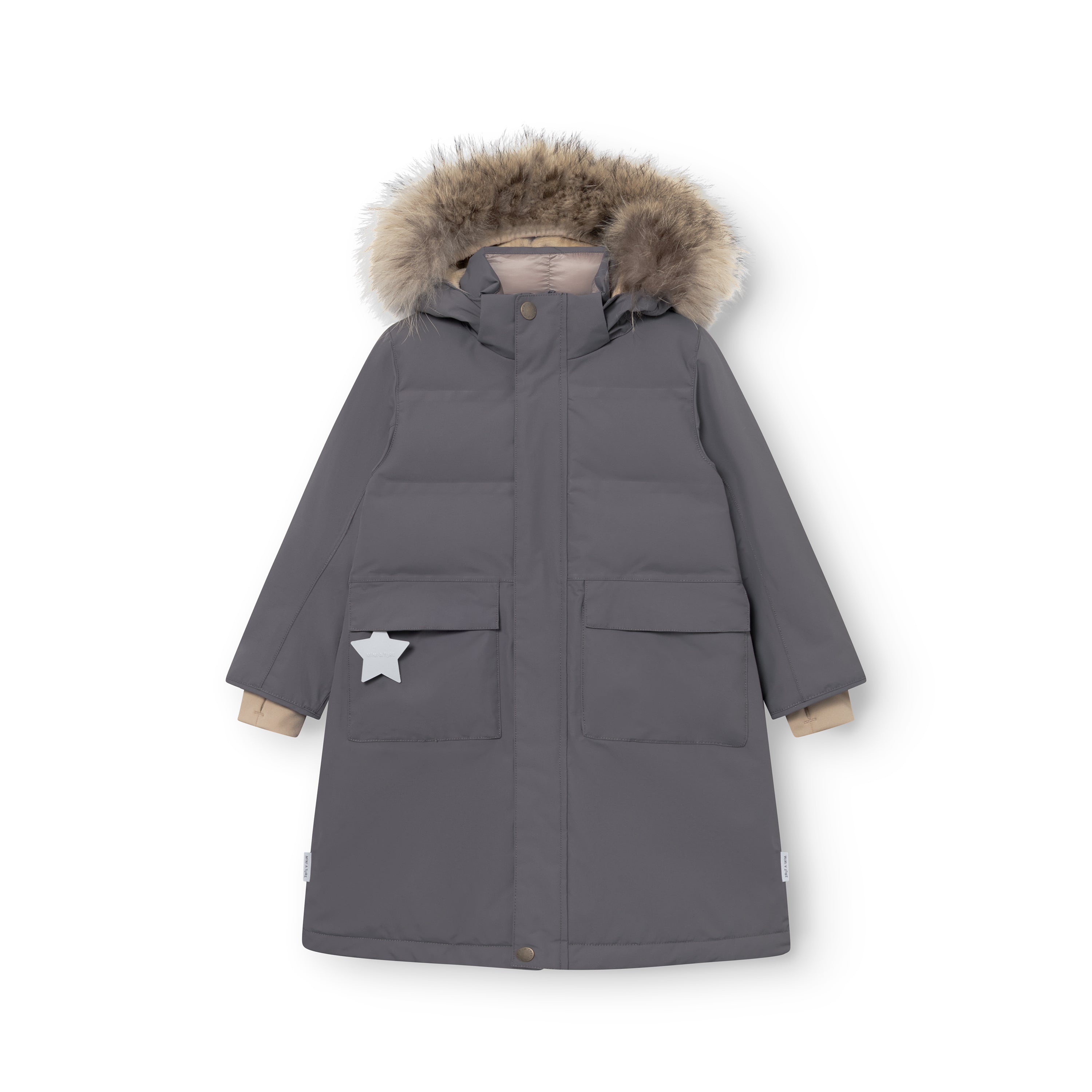 MATVENCASIA girls' winter jacket in charcoal grey, laid flat to show the extended length below the waist, detachable hood with genuine fur trim, front pockets with magnetic closures and reflective star detail.