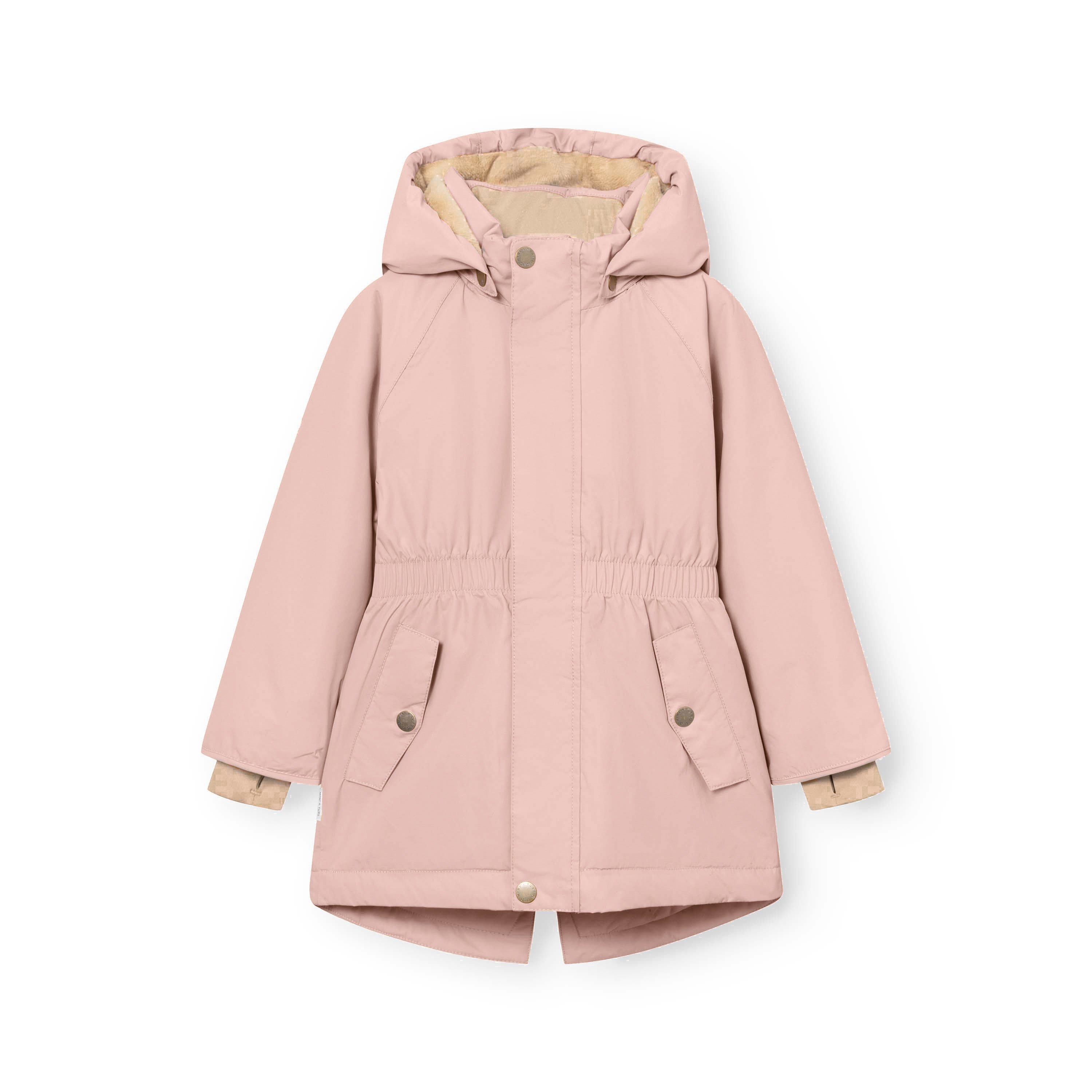 MATVIKANIA fleece lined winter jacket in soft pink displayed flat against a white background, showing the fixed elastic waist, extended length and snap-button front closure with two lower pockets.