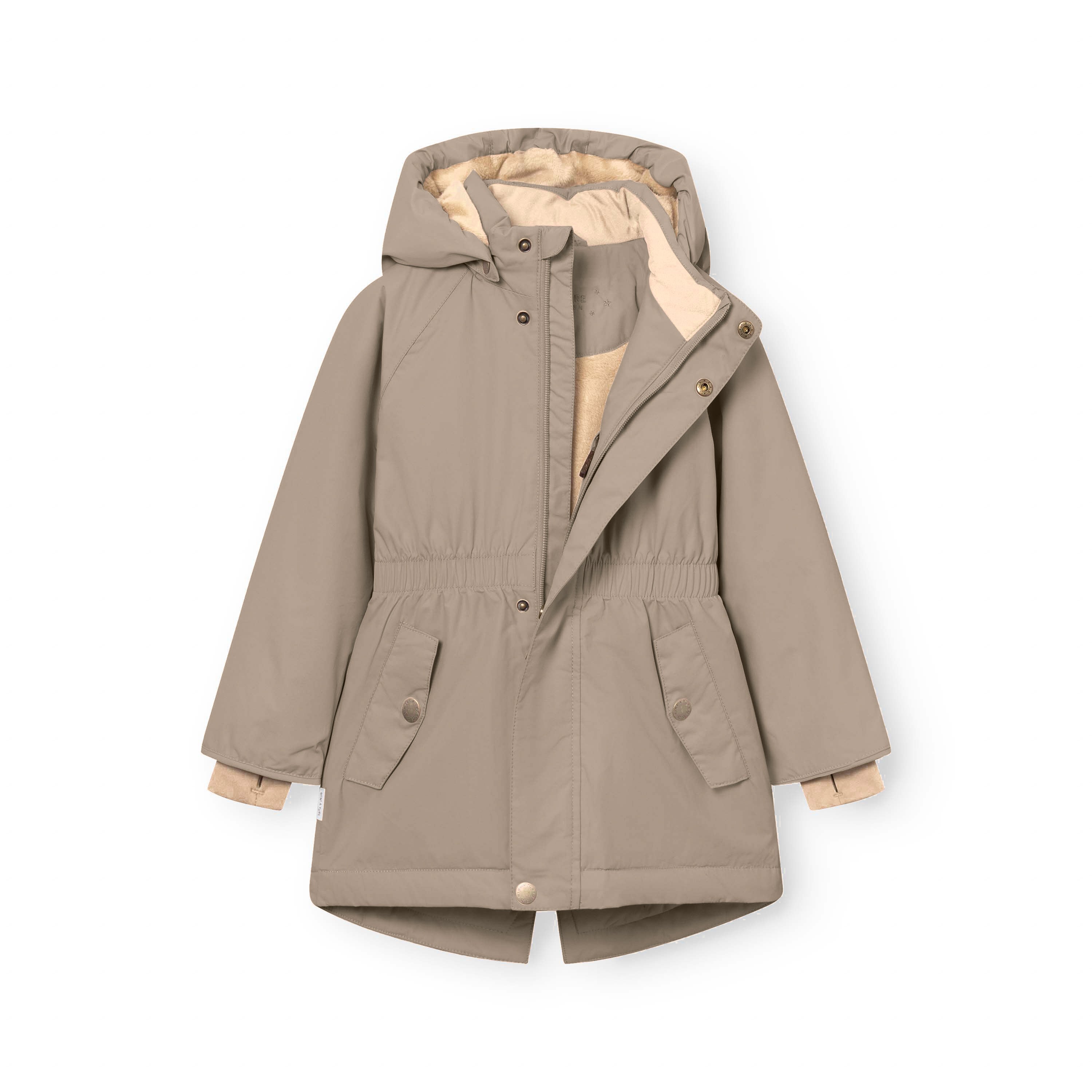 MATVIKANIA fleece lined winter jacket in taupe laid flat with the front open, revealing the soft fleece lining, Sorona Aura hood lining and THERMOLITE insulation construction.