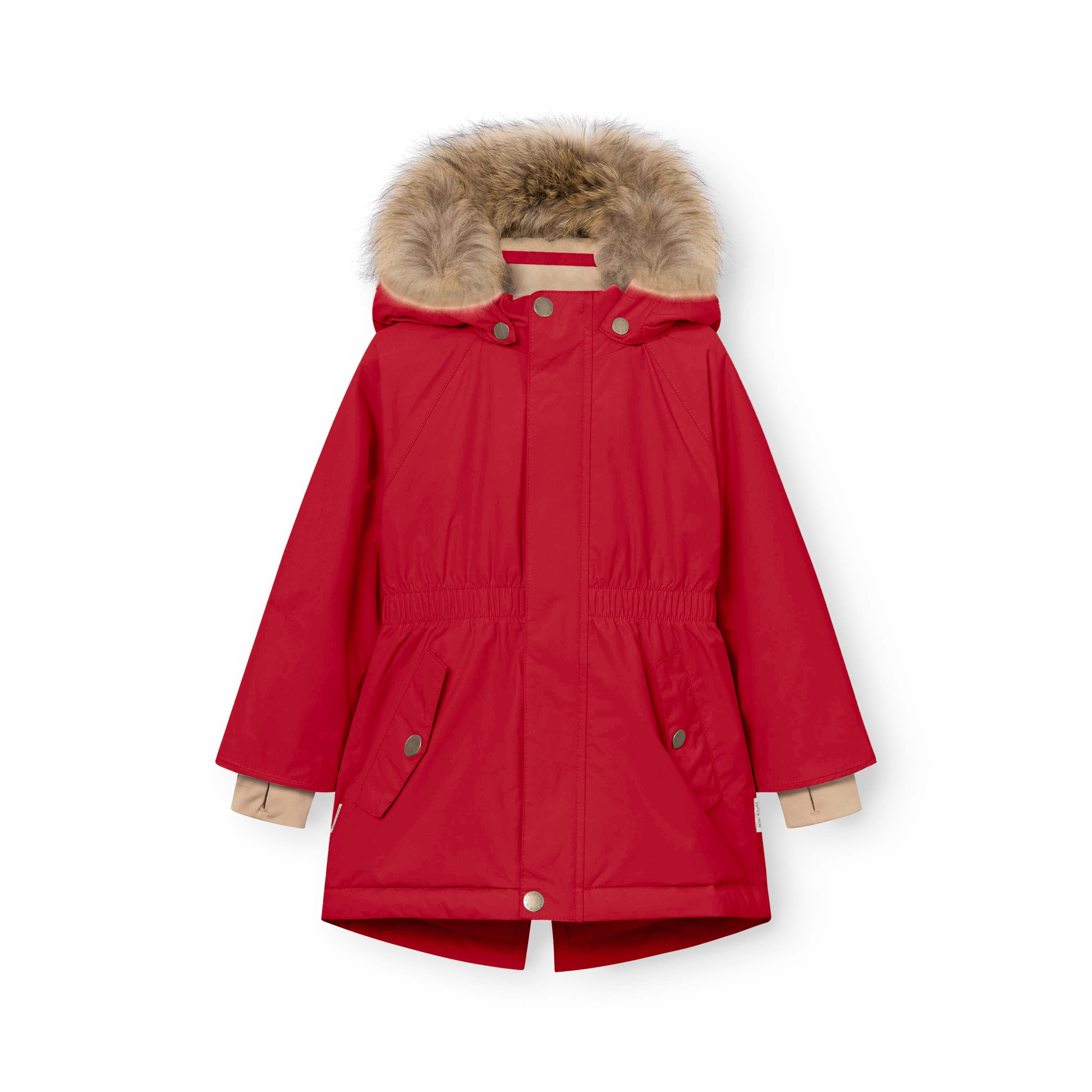 MATVIKANIA fleece-lined winter jacket in red with a detachable real fur-trimmed hood, elasticated waist, front pockets and snow cuffs, laid flat on a white background.
