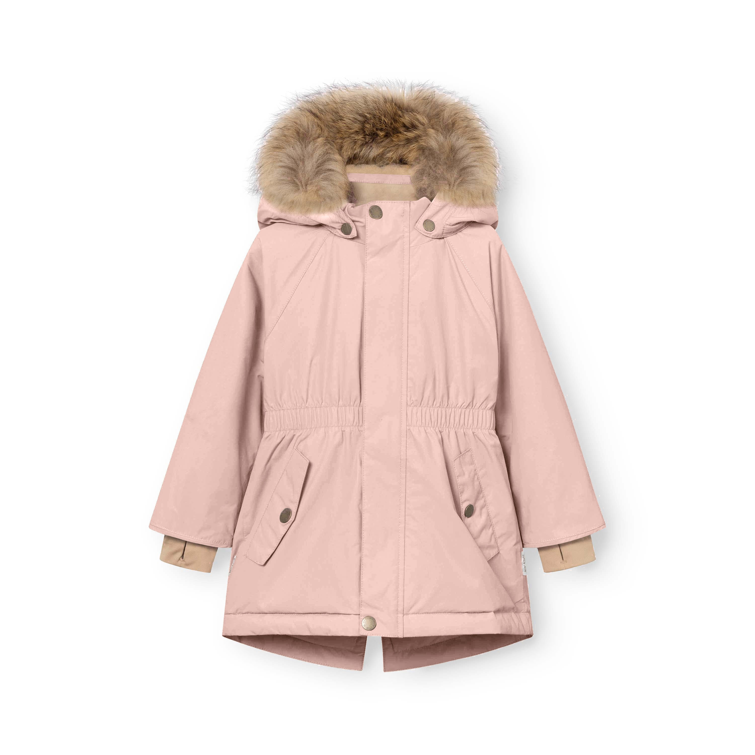 MATVIKANIA girls' winter jacket in pale pink with a gathered waist, real fur-trimmed hood, front pockets and snow cuffs, displayed flat against a white background.