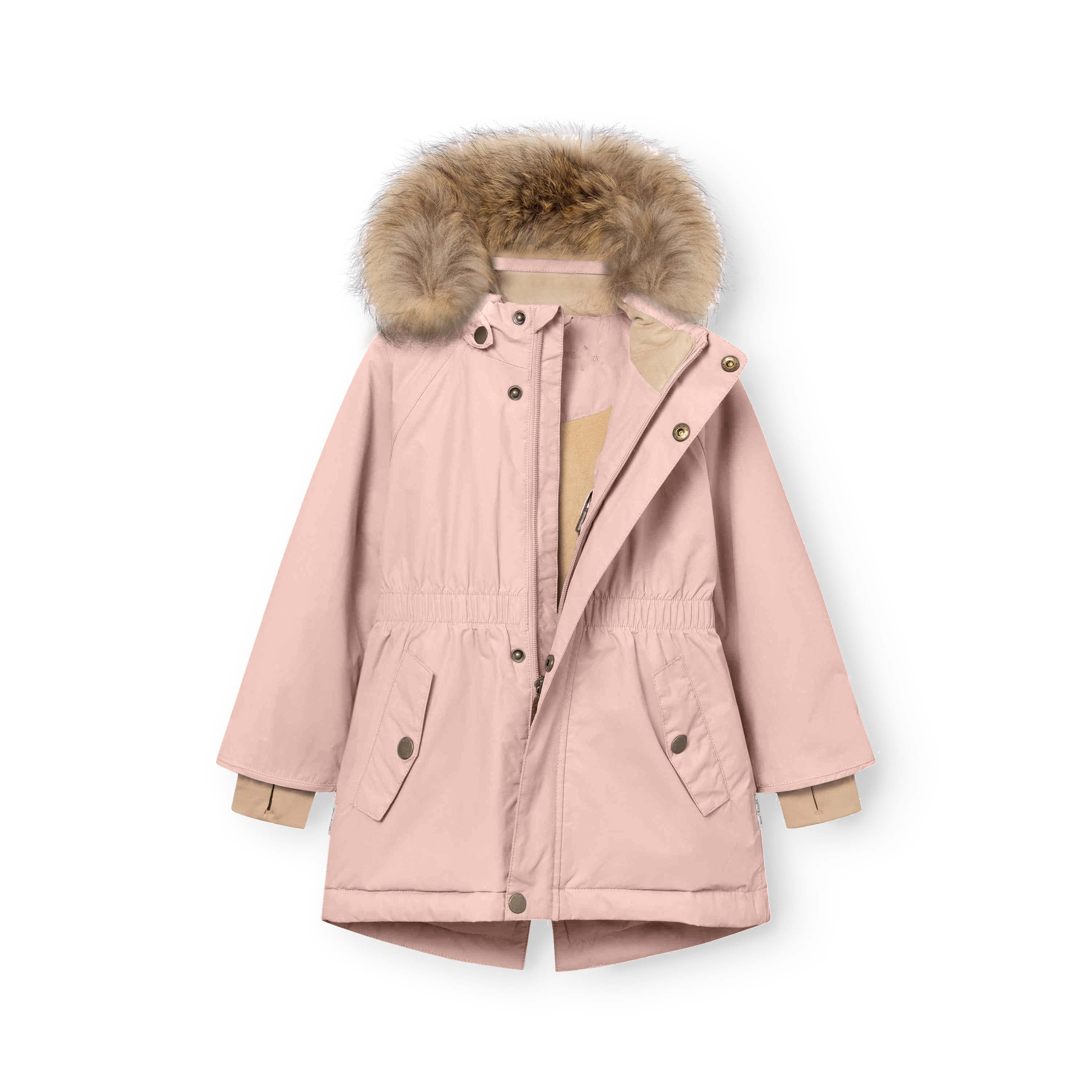 MATVIKANIA girls' winter jacket in pale pink with the hood fully open, revealing the detachable real fur trim, inner fleece lining, adjustable elastic waist and front zip closure, laid flat on a white background.