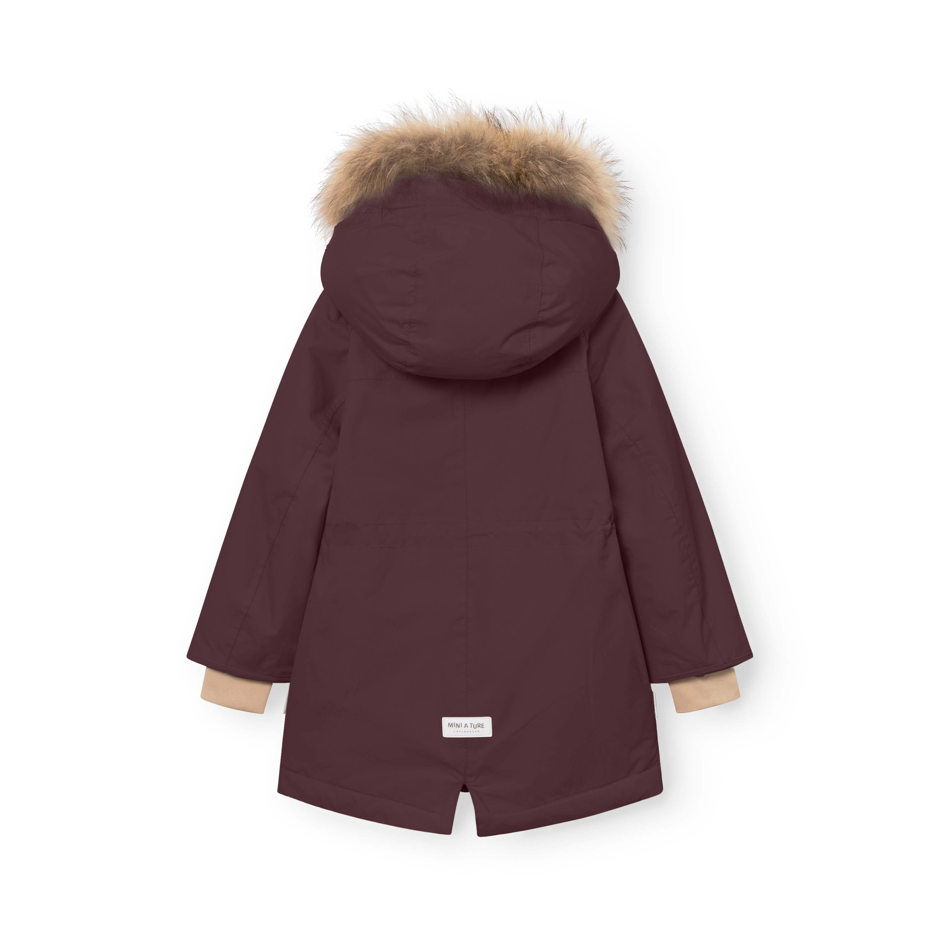 MATVIKANIA burgundy winter jacket shown from the back with a detachable real fur-trimmed hood, extended rear hem with centre vent, MINI A TURE logo label and beige fleece-lined cuffs on a white background.