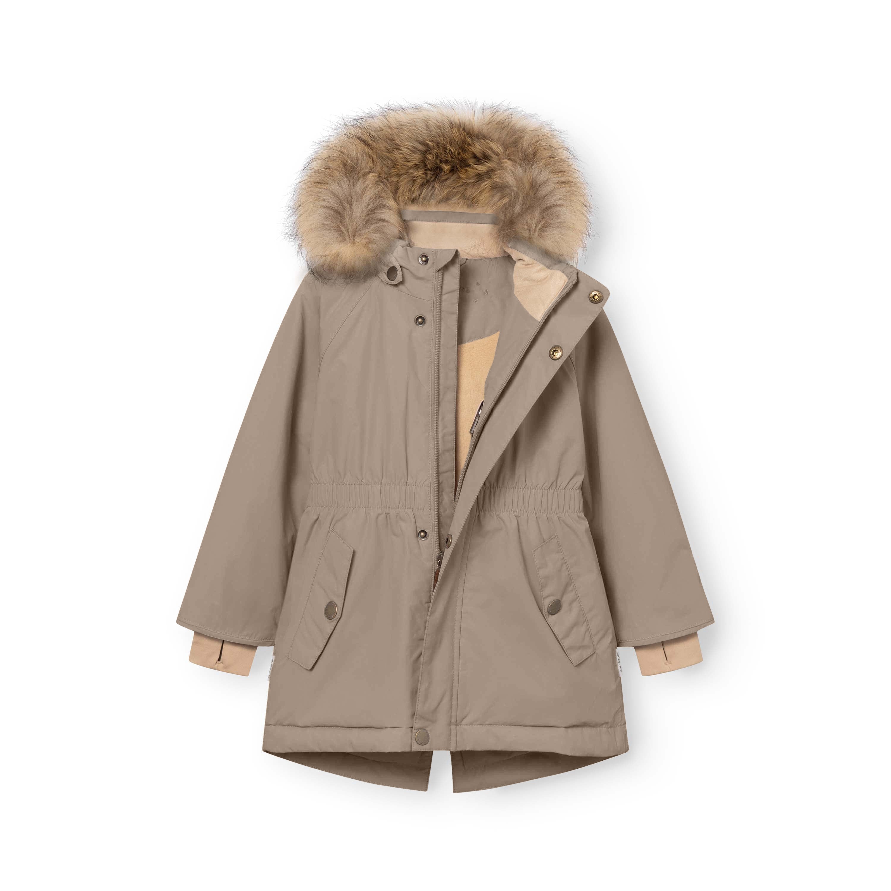 MATVIKANIA taupe winter jacket with the hood unzipped and folded open, revealing the beige fleece lining, elasticated waist with snap-button closure and the detachable real fur trim on a white background.