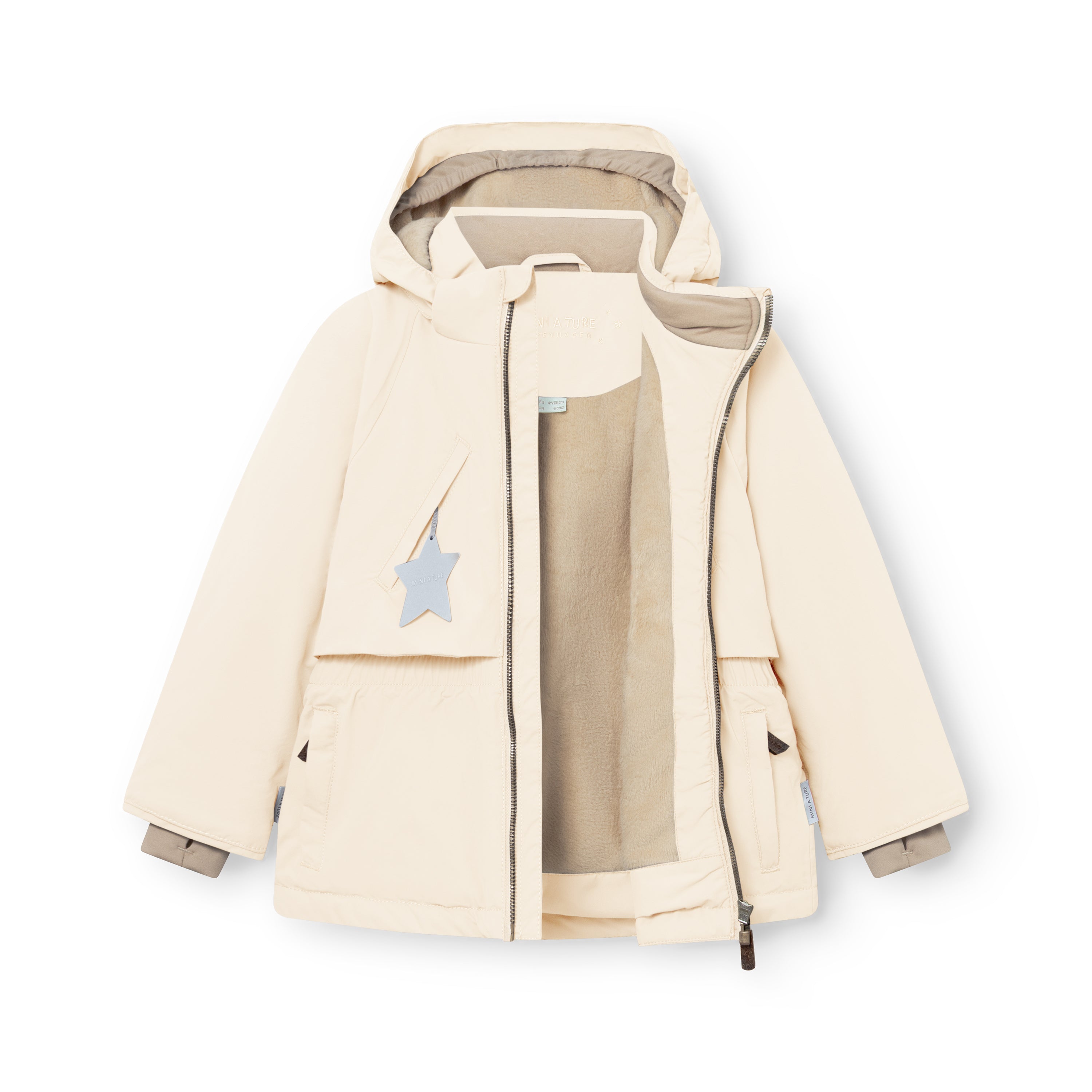 MATALGEANA winter jacket in cream shown fully open to display the beige fleece lining, THERMOLITE insulation, internal snow cuffs with thumb openings at the sleeves, detachable hood, reflective star zipper pull, and front zip pockets on the waterproof recycled polyamide shell.