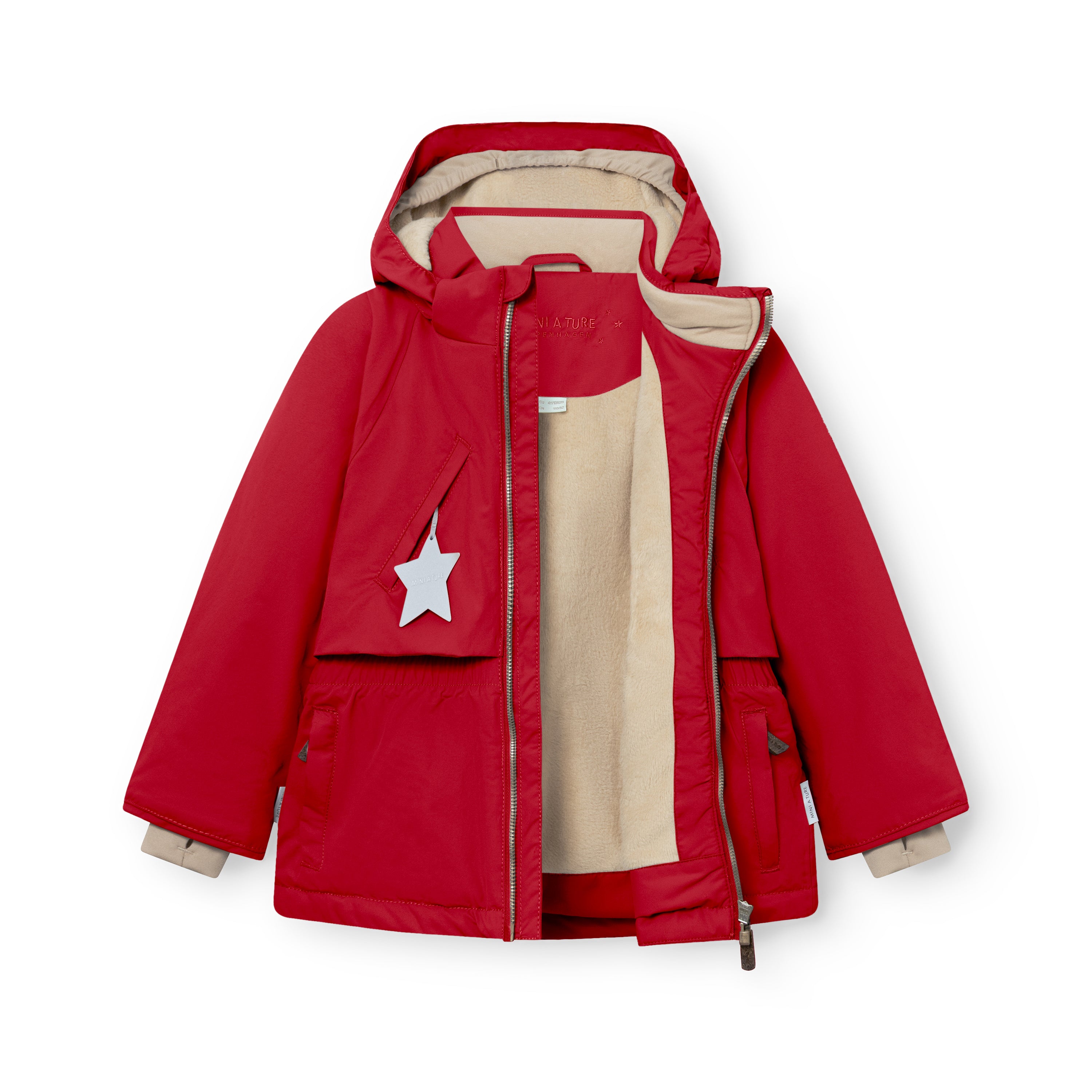 MATALGEANA winter jacket in red shown fully open to reveal the beige fleece lining, THERMOLITE insulation, internal snow cuffs with thumb openings at the sleeves, detachable hood with snap buttons, reflective star zipper pull on the right pocket, and the waterproof recycled polyamide shell with elasticated waist.