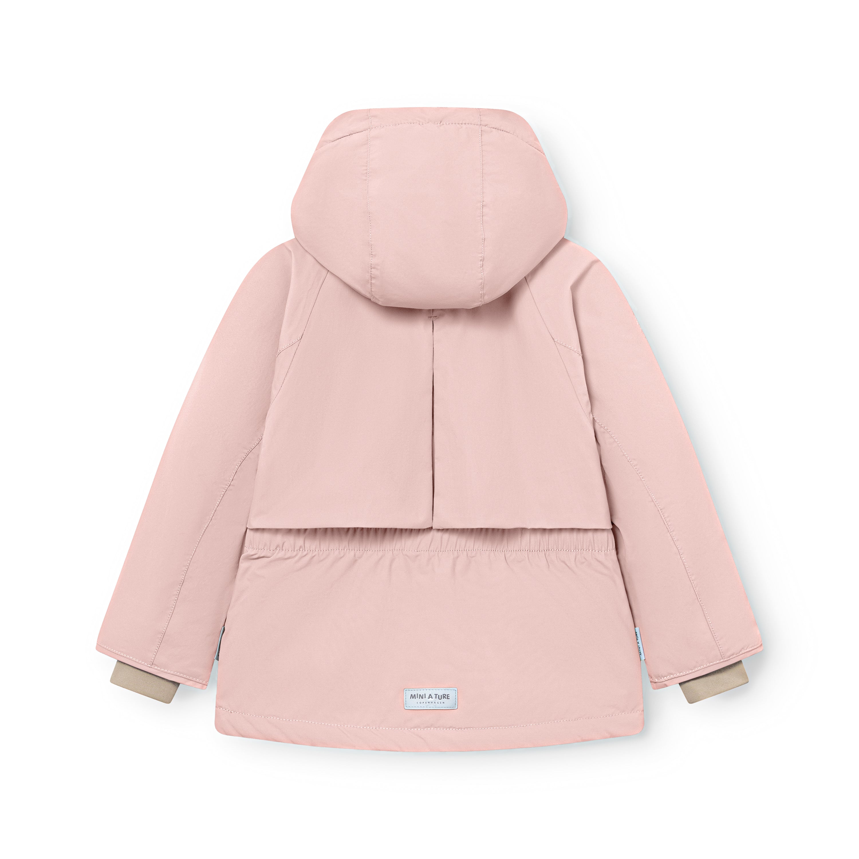 MATALGEANA winter jacket in soft pink viewed from the back, showing the cape shoulder overlay, centre back vent, elasticated waist section, detachable hood with snap fastenings, and MINI A TURE woven label at the hem.
