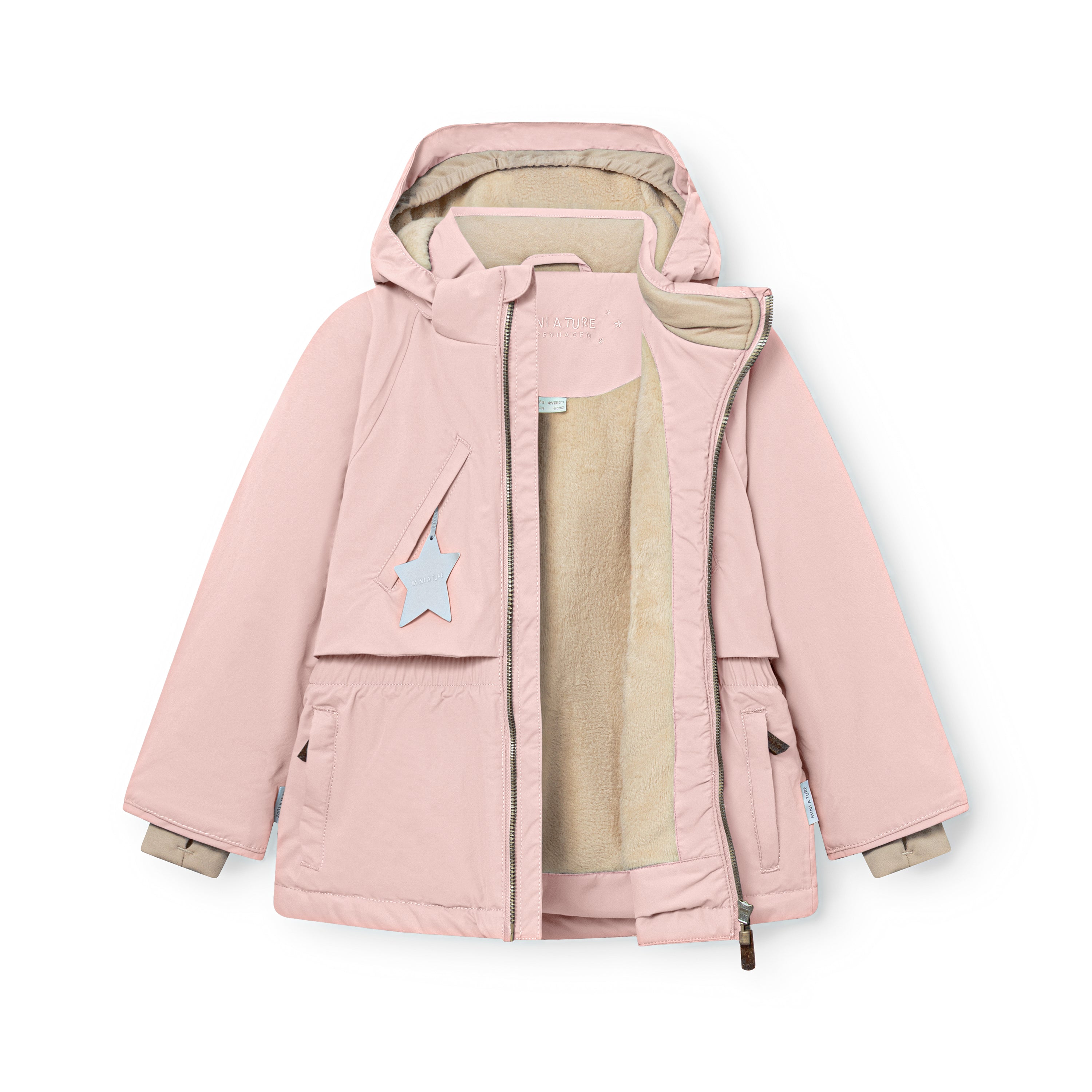 MATALGEANA winter jacket in soft pink shown fully unzipped to display the beige fleece lining, THERMOLITE insulation layer, internal snow cuffs with thumb openings, detachable hood, and waterproof recycled polyamide outer shell with reflective star pocket detail.