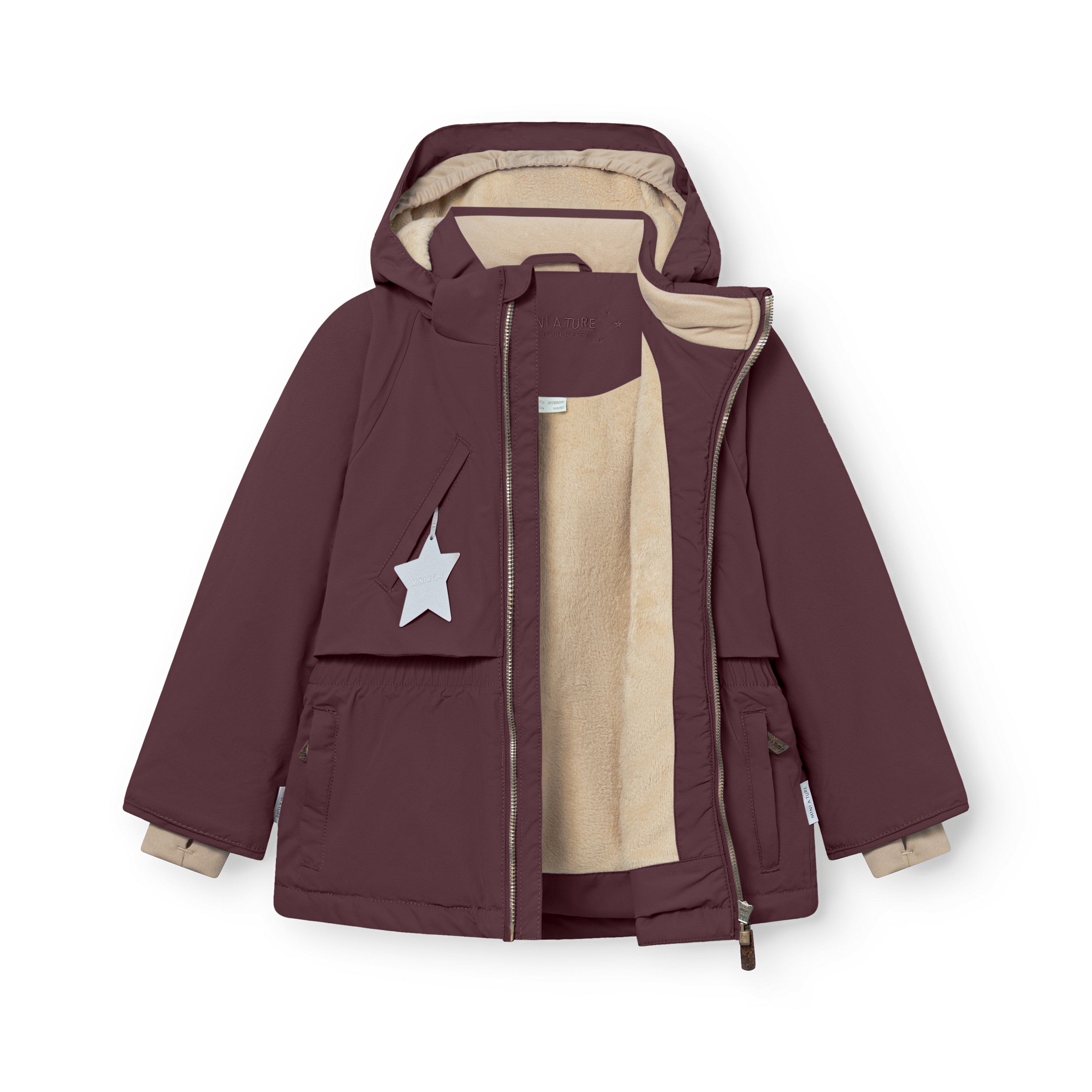 MATALGEANA winter jacket shown unzipped to reveal the soft beige fleece lining, THERMOLITE insulation, internal snow cuffs at the cuffs, and the waterproof recycled polyamide construction with detachable hood and reflective star pocket detail.