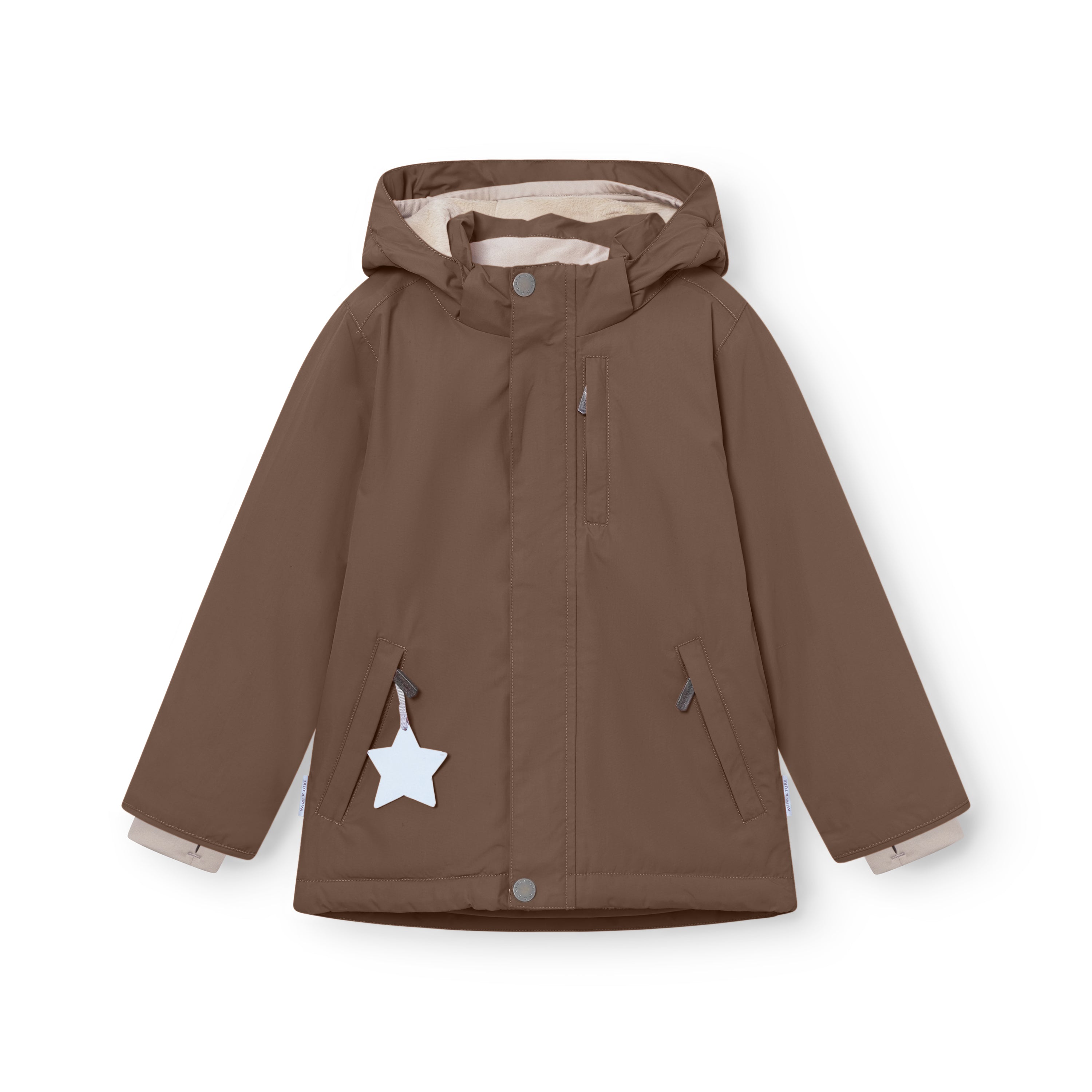 MATADYANKO fleece lined winter jacket in warm brown with detachable hood, centre front zip with snap button closure, angled hand pockets featuring white reflective star zip pulls, and beige fleece lining visible at the collar and cuffs.