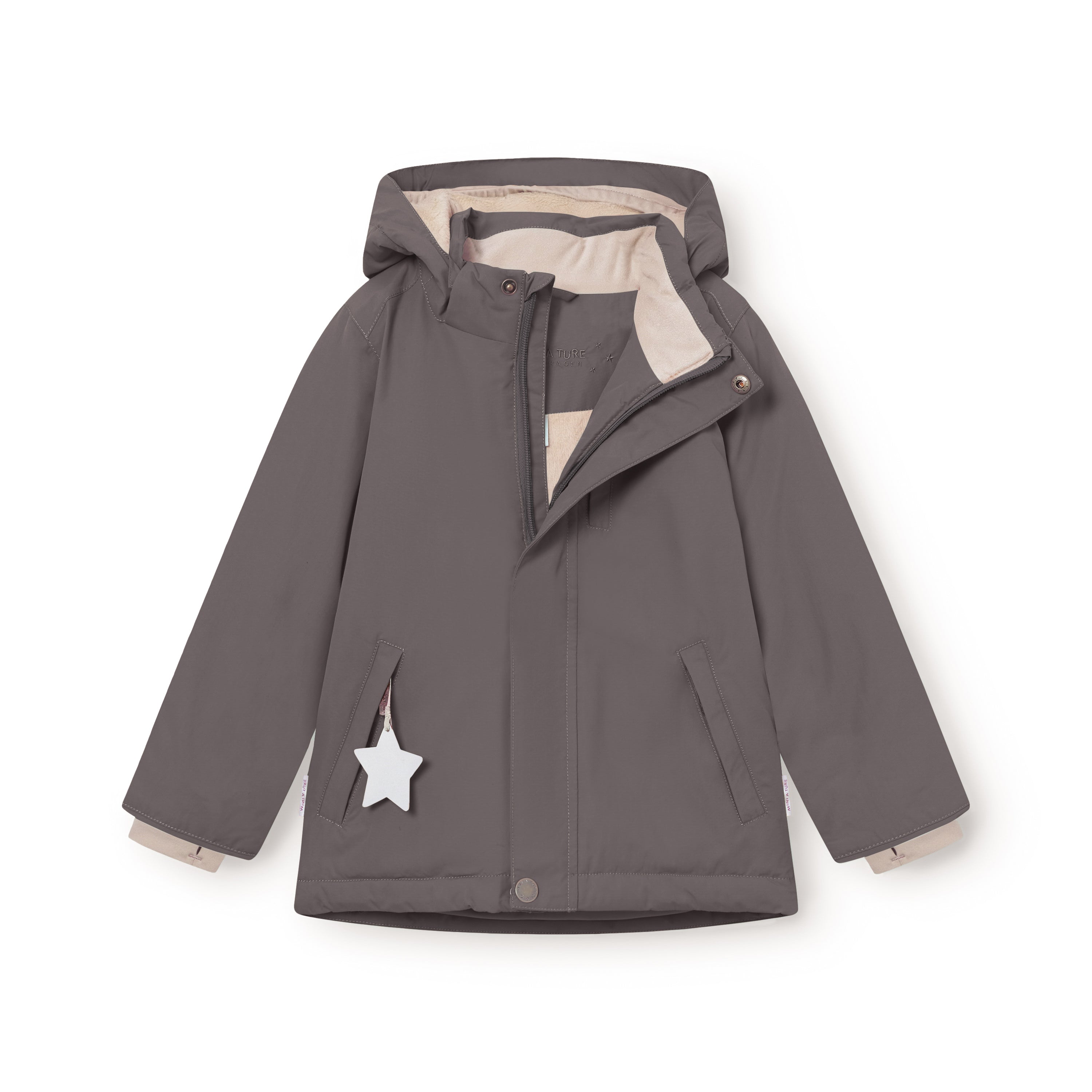 MATADYANKO fleece lined winter jacket in dark grey shown partially unzipped to reveal the soft beige fleece lining, snap button placket and detachable hood, with angled hand pockets and snow cuffs visible at the wrists.
