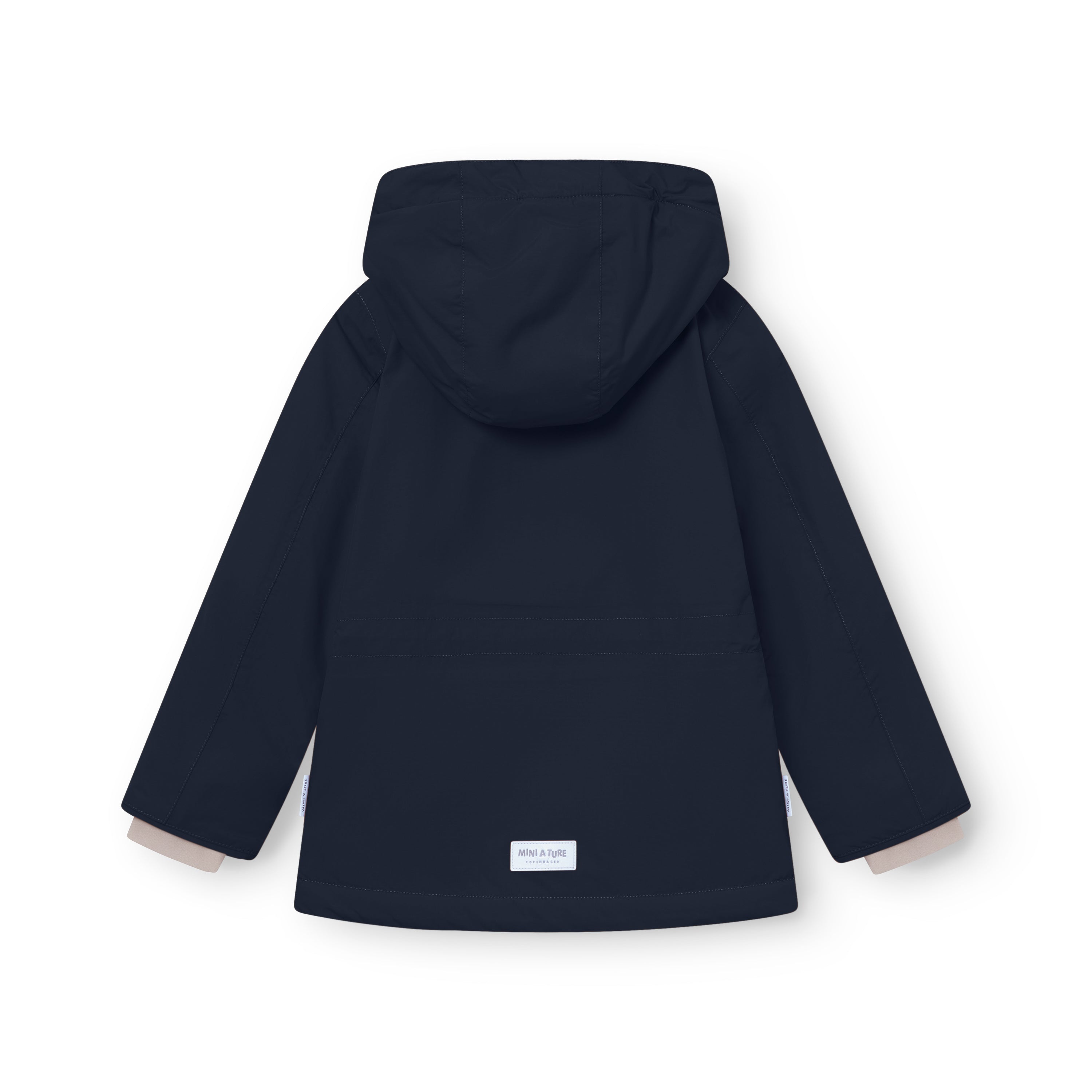 Back view of MATADYANKO fleece lined winter jacket in deep navy blue, showing the detachable hood with snap button fastening, improved sleeve shaping for freedom of movement, waterproof recycled polyamide shell and MINI A TURE label at the hem with pale beige fleece lining visible at the cuffs.